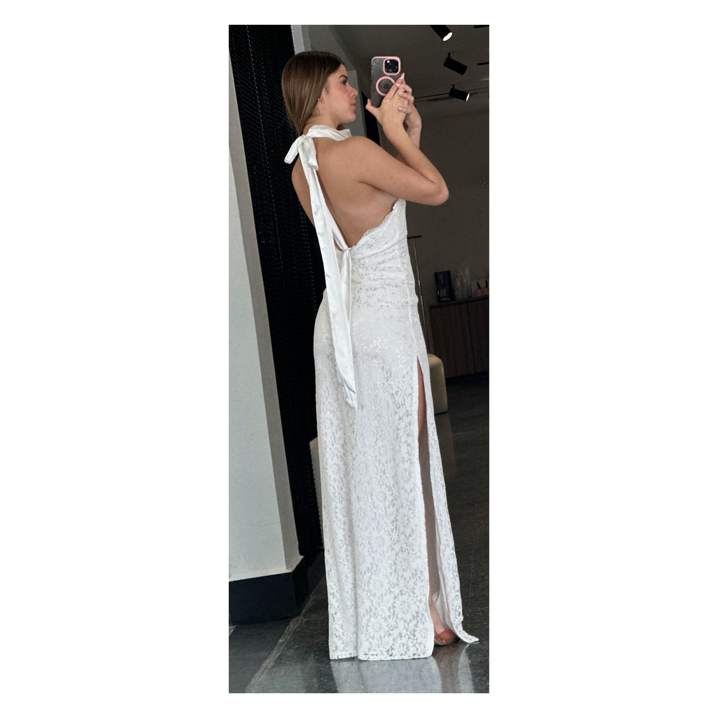 WHITE FLORAL LACE HALTER TIE MAXI DRESS