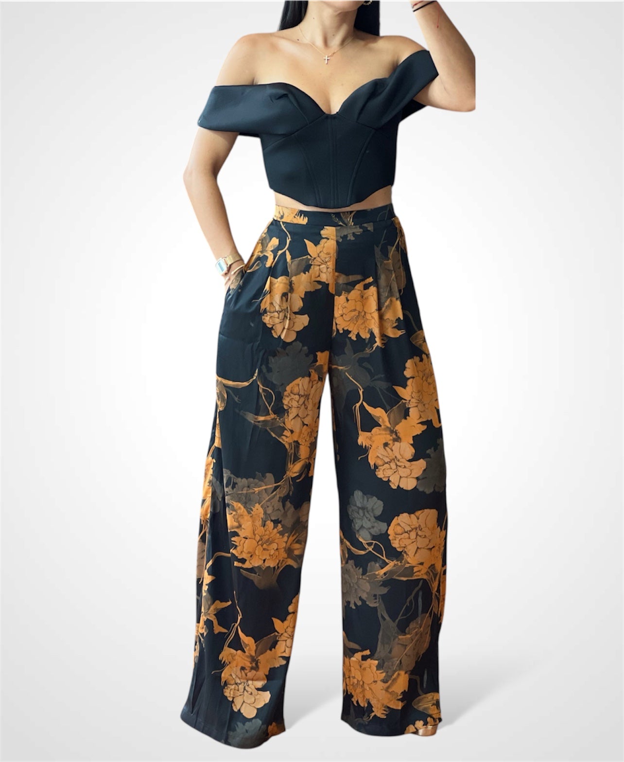 FOLD OVER SWEETHEART NECK SCUBA CORSET CROP TOP•-2