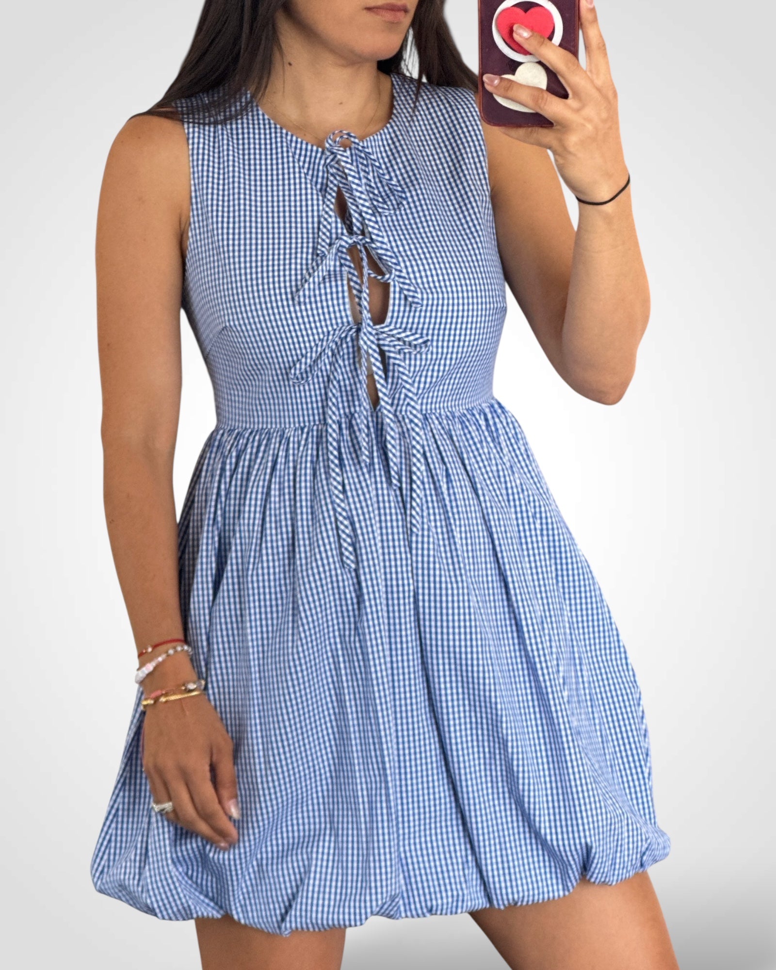FRONT TIE DETAIL SLEEVELESS BUBBLE HEM DRESS•