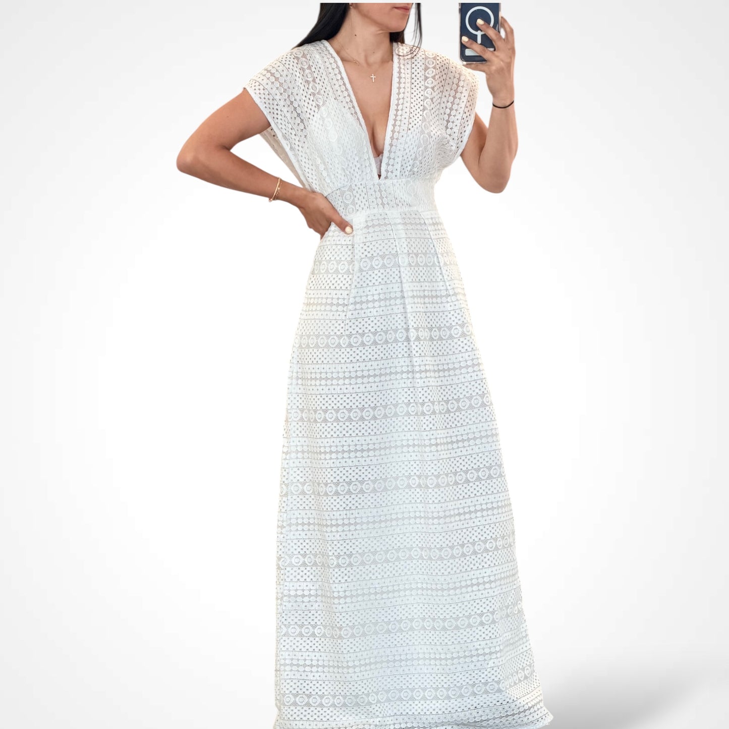 Short Sleeve V-neck Lace Detailed Maxi Dress