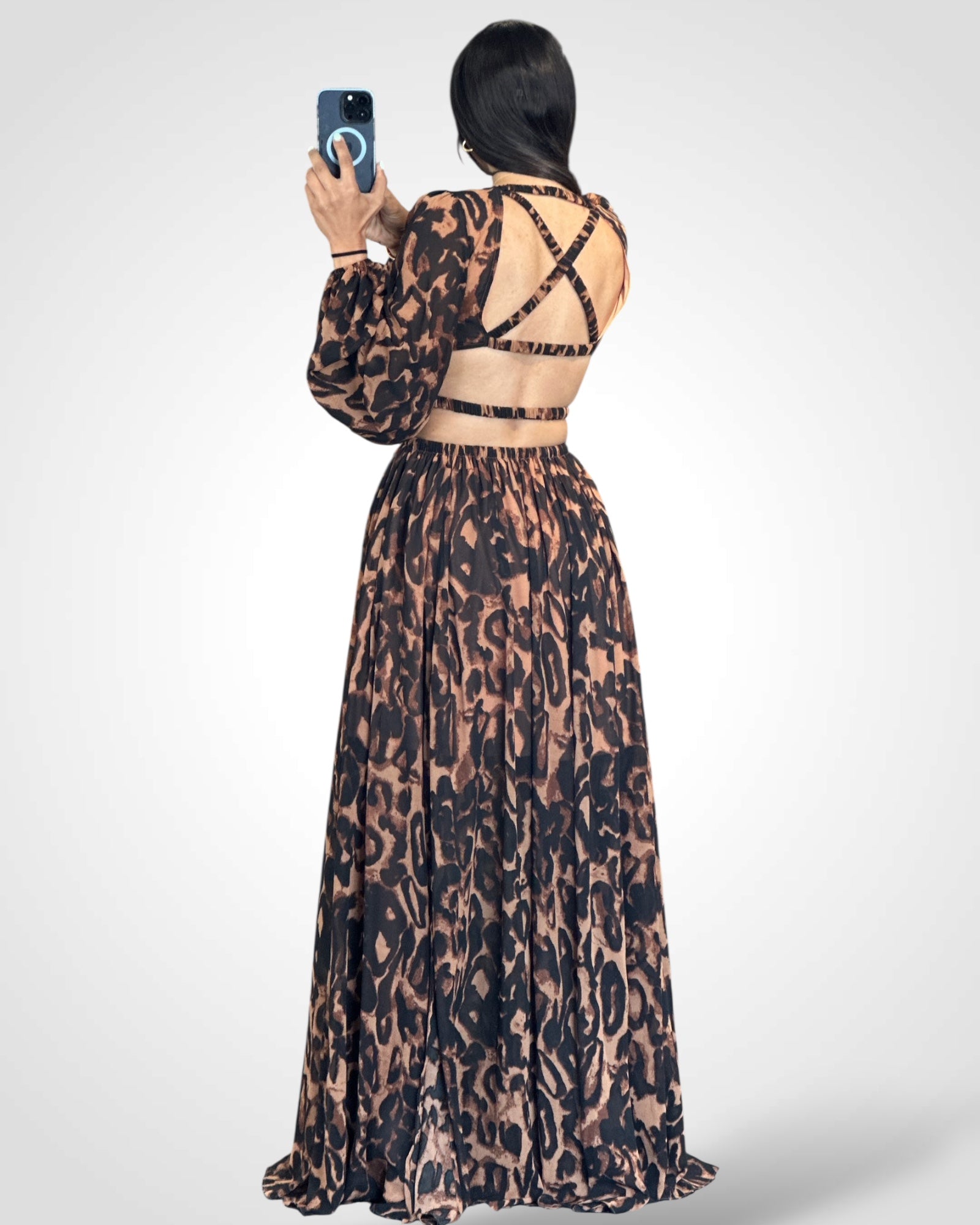 BROWN CHEETAH LONG SLEEVE MAXI DRESS