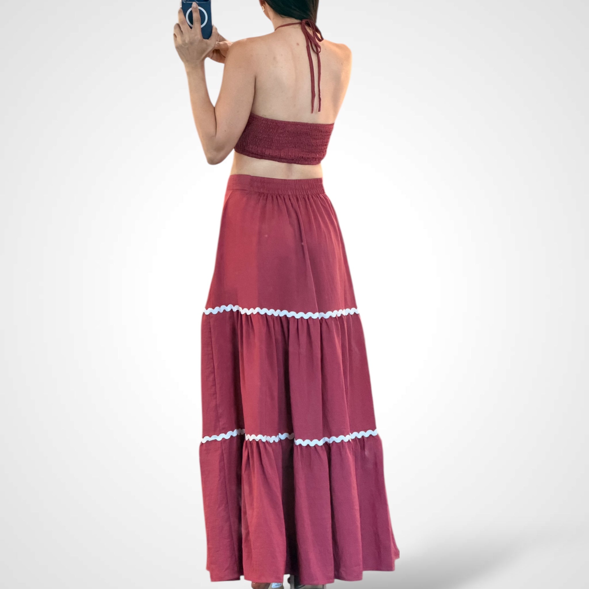 Brick Sleeveless Crop Top Elastic Waist Skirt Trim Set•-3