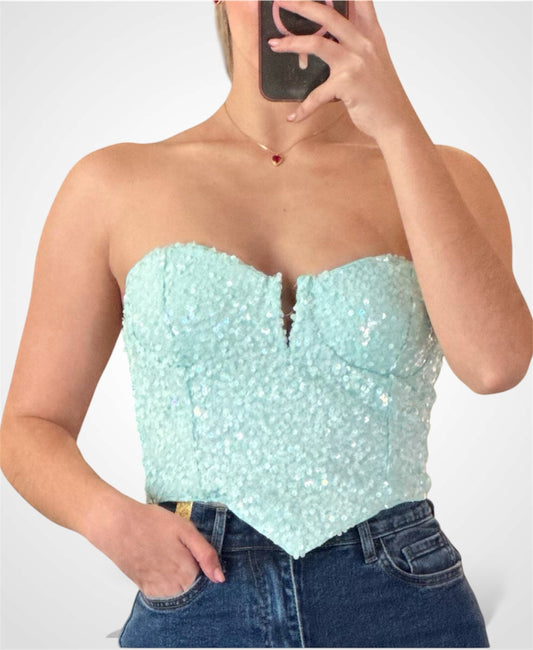WOMENS SLEEVELESS V-NECK SEQUINS TUBE CROP TOP (Aqua)