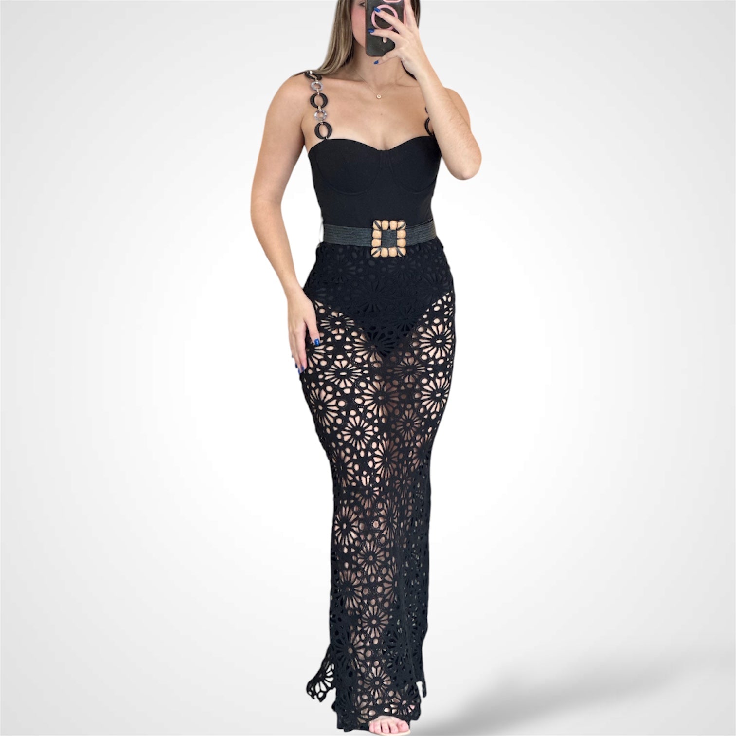 FLORAL CROCHET KNIT BELTED DRESS•-1
