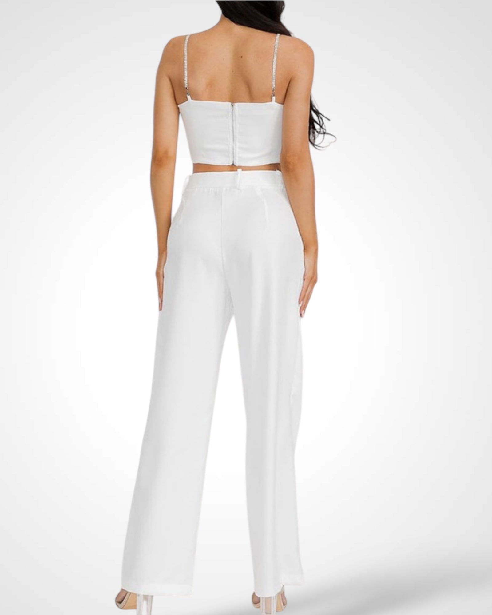 CROP TOP & BUTTON CLOSURE PANTS SATIN 2PC. SET•-2