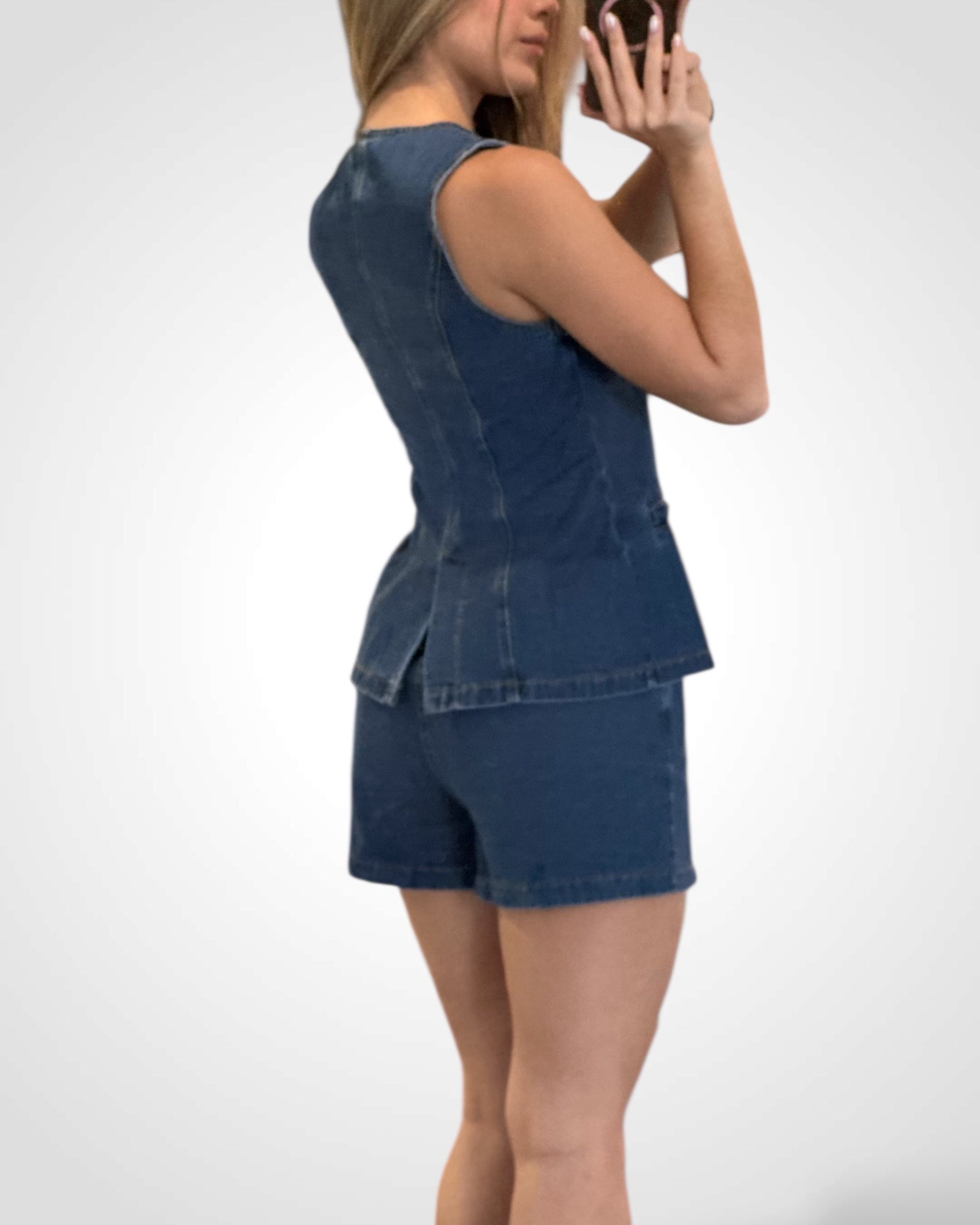 Denim Button Vest Style Top & Wide Shorts Set