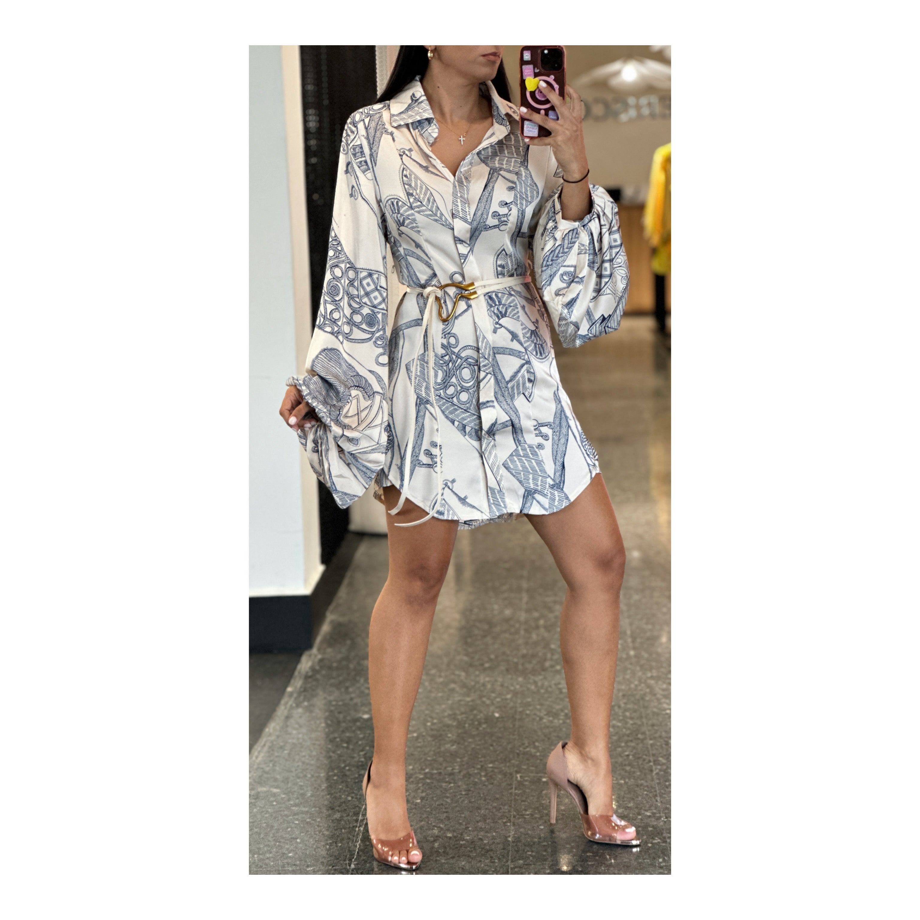 CHAIN PUFF SLEEVE DRESS W BELT•-2