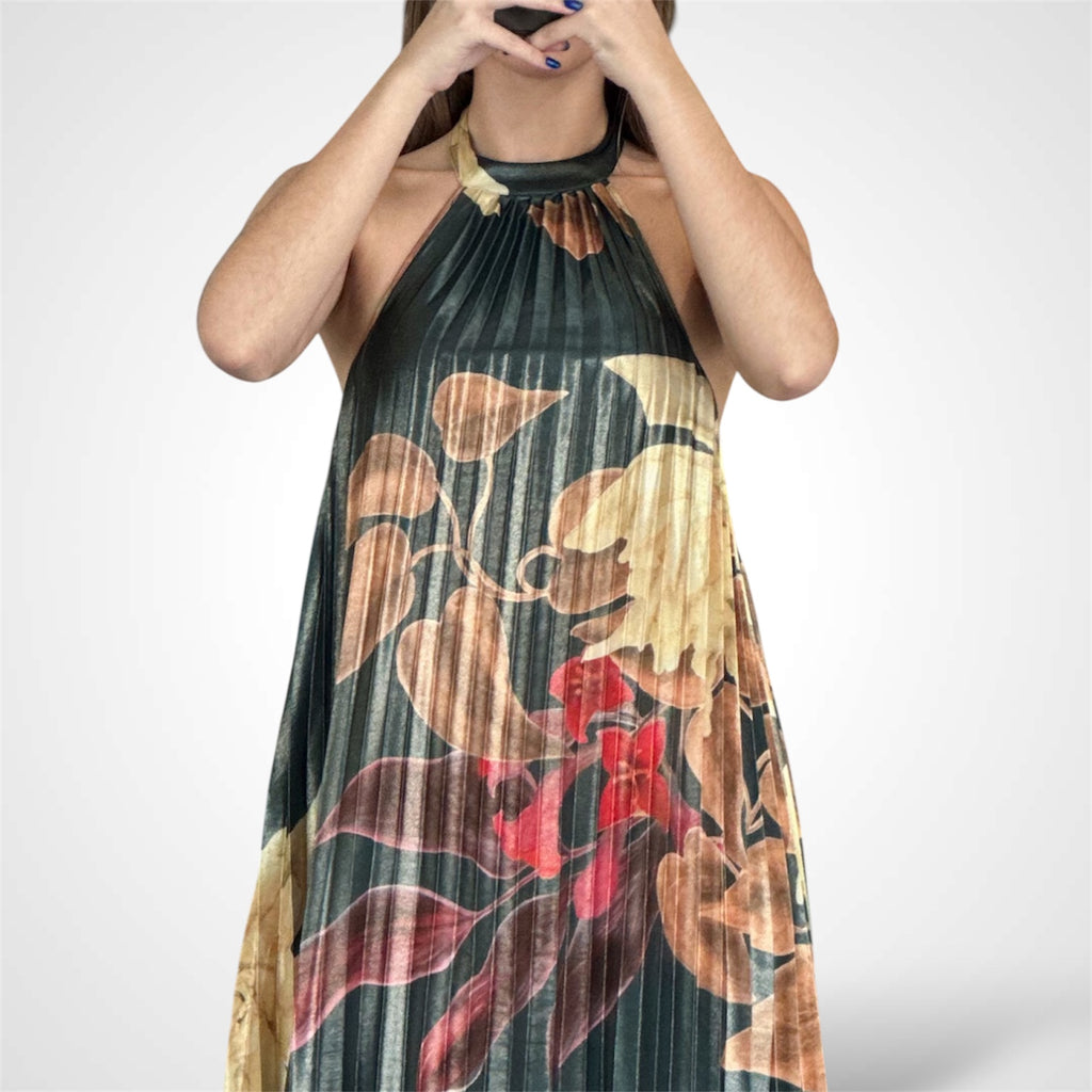PLEATED FLORAL PRINT HALTER MAXI DRESS