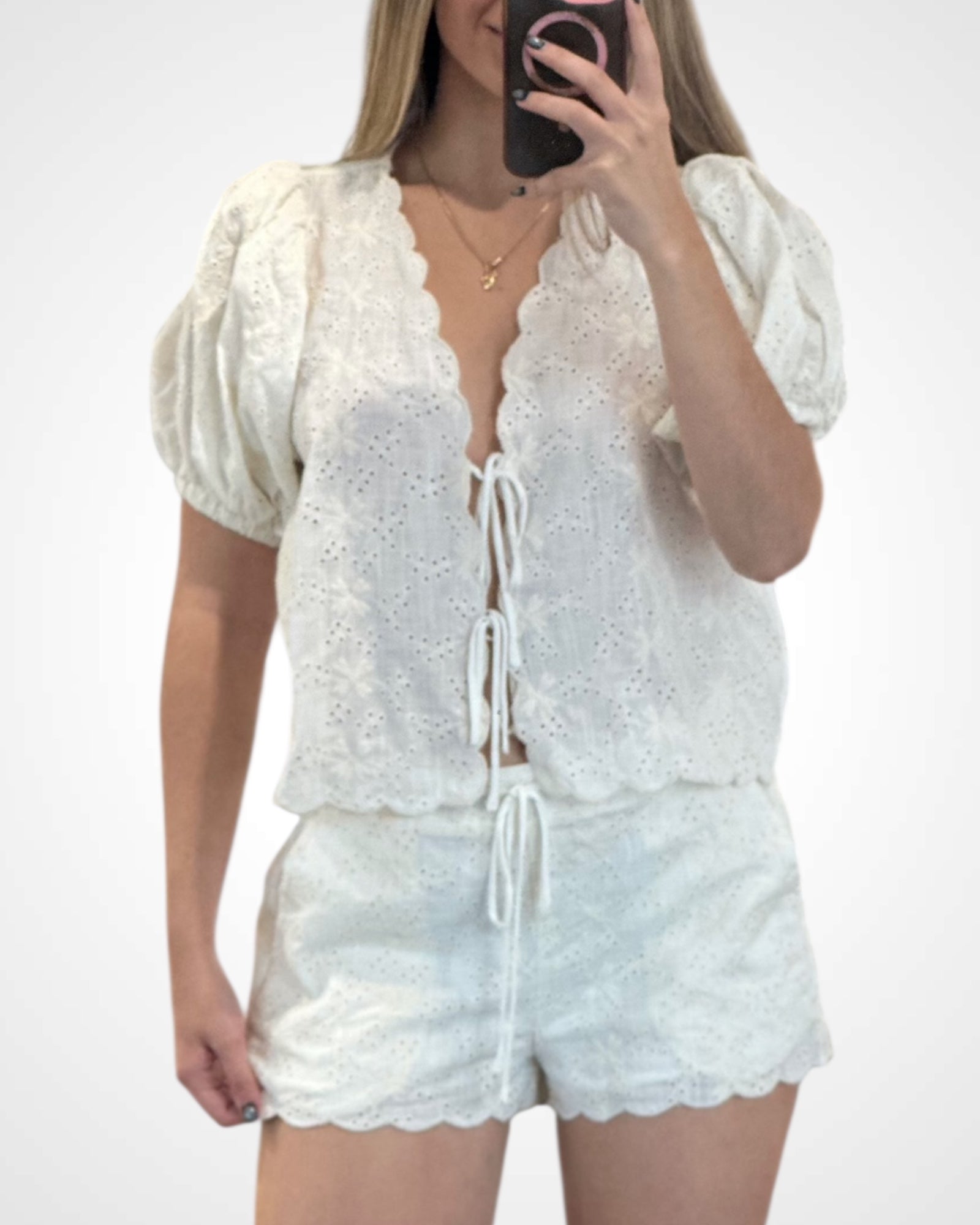 Off White Linen Eyelet Tie Front Top W/ Matching Shorts