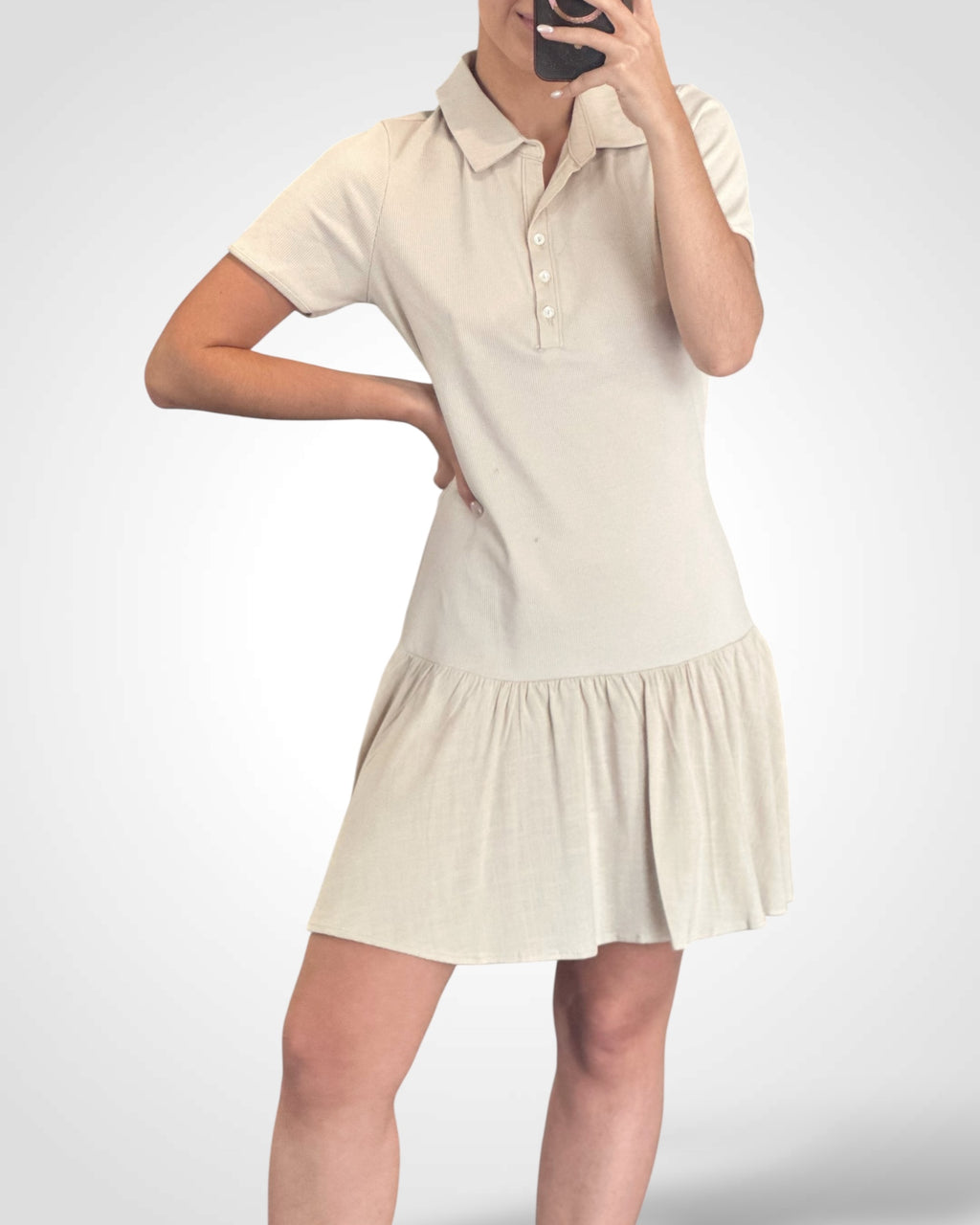 Ribbed Knit Collared Drop Waist Mini Dress