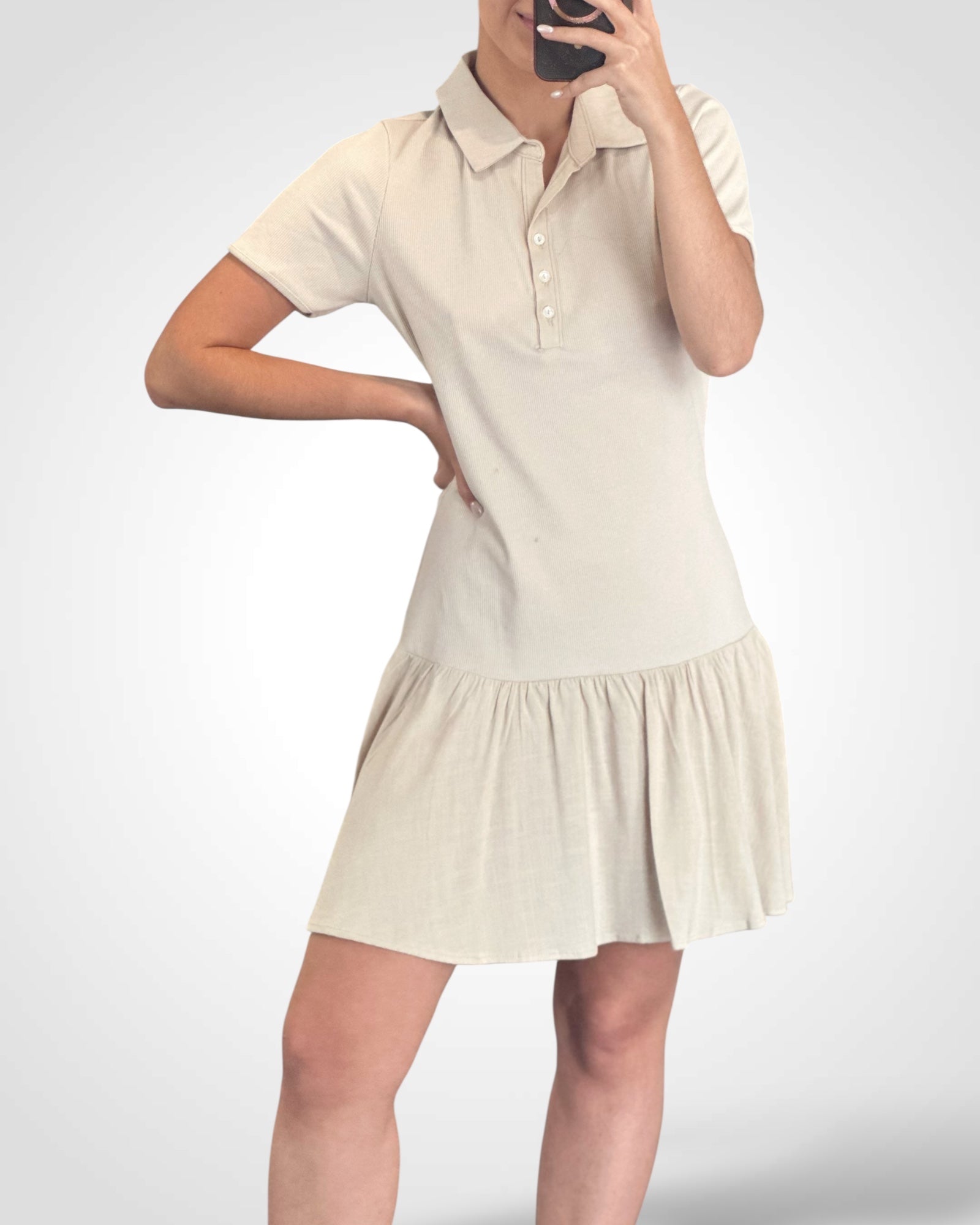 Ribbed Knit Collared Drop Waist Mini Dress•