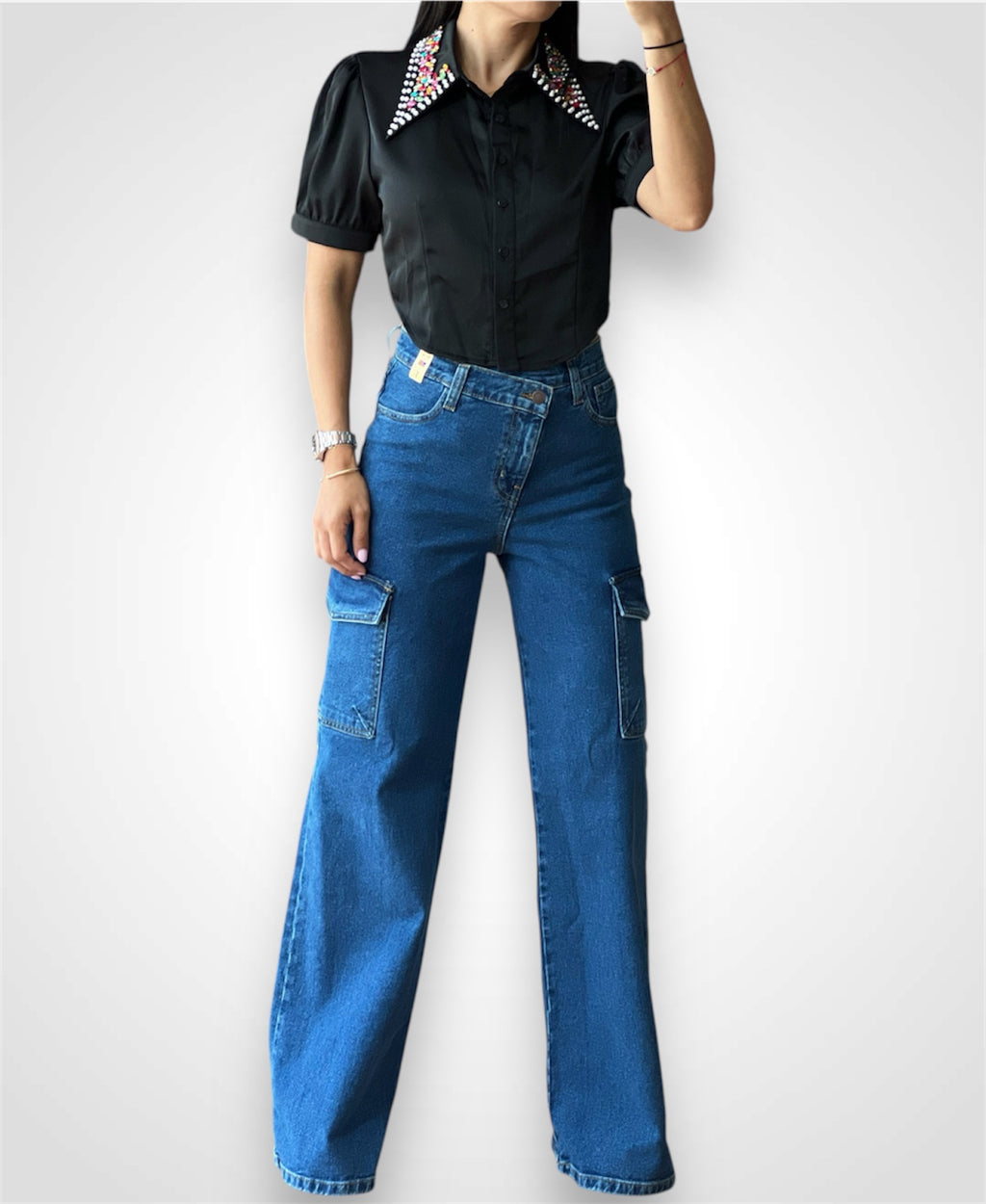 Rhinestone Collar Crop Polo