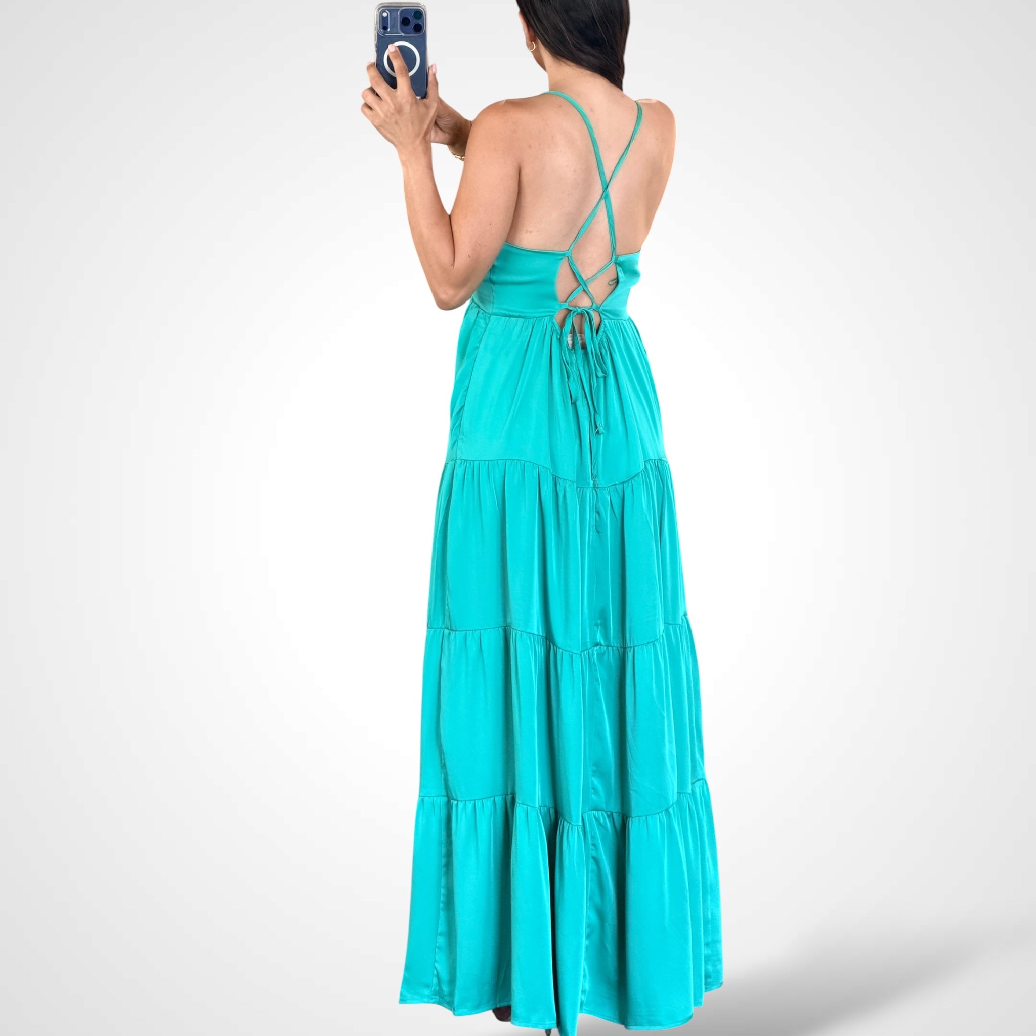Turquoise Sleeveless V-neck Open Back Tiered Maxi Dress•-3