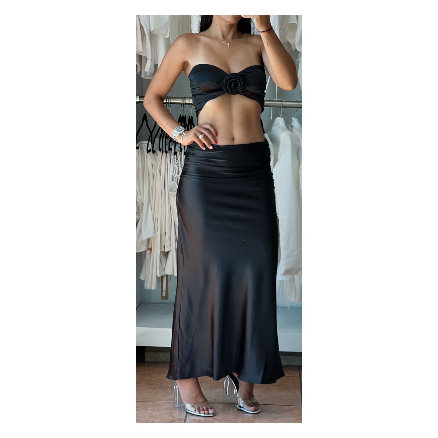 SATIN ROSETTE RUCHED TUBE TOP