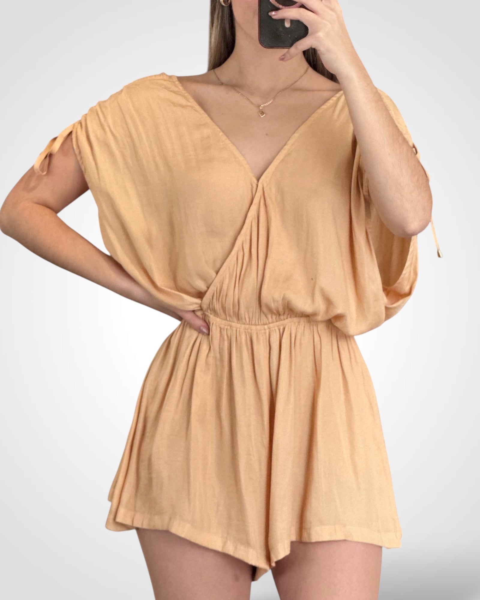 SATIN ROMPER WITH ADJUSTABLE DRAWSTRING SLEEVES•-1