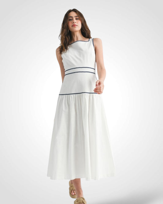 Sleeveless Square Neckline Ricrac Trim Midi Dress