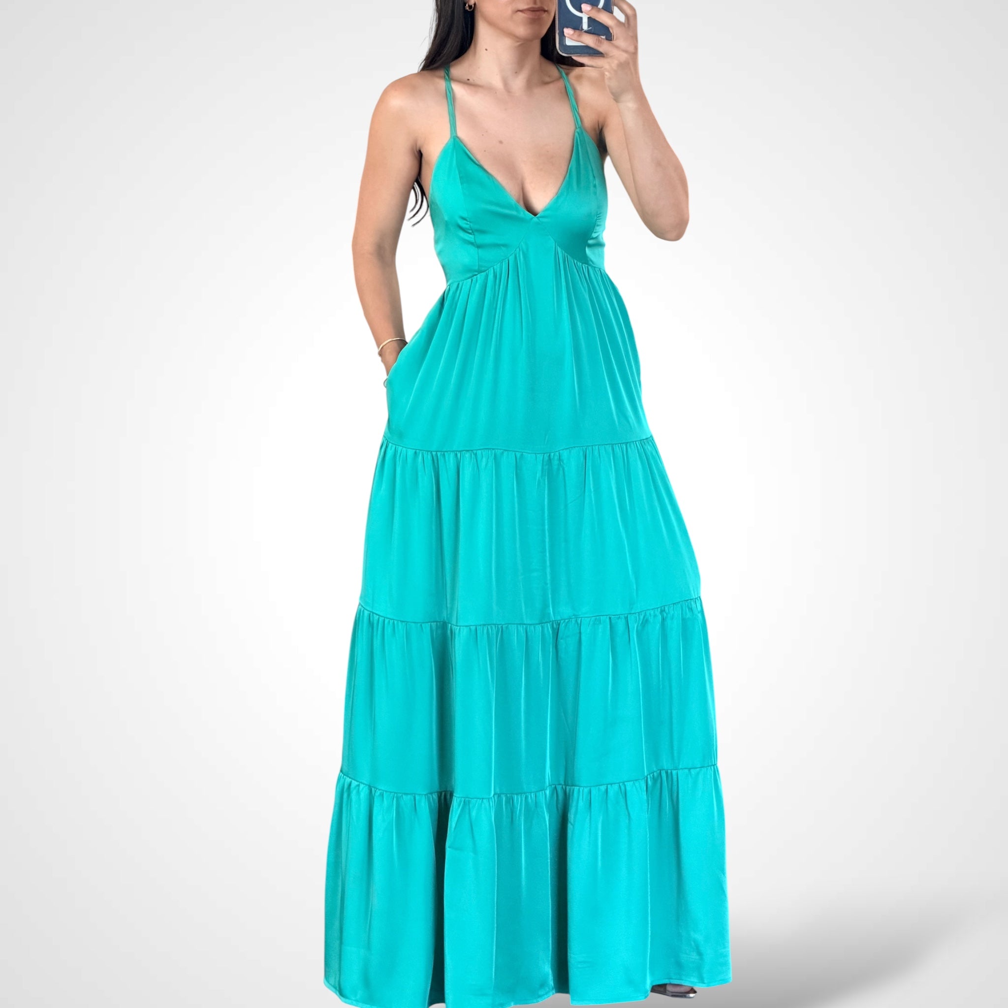 Turquoise Sleeveless V-neck Open Back Tiered Maxi Dress•-1
