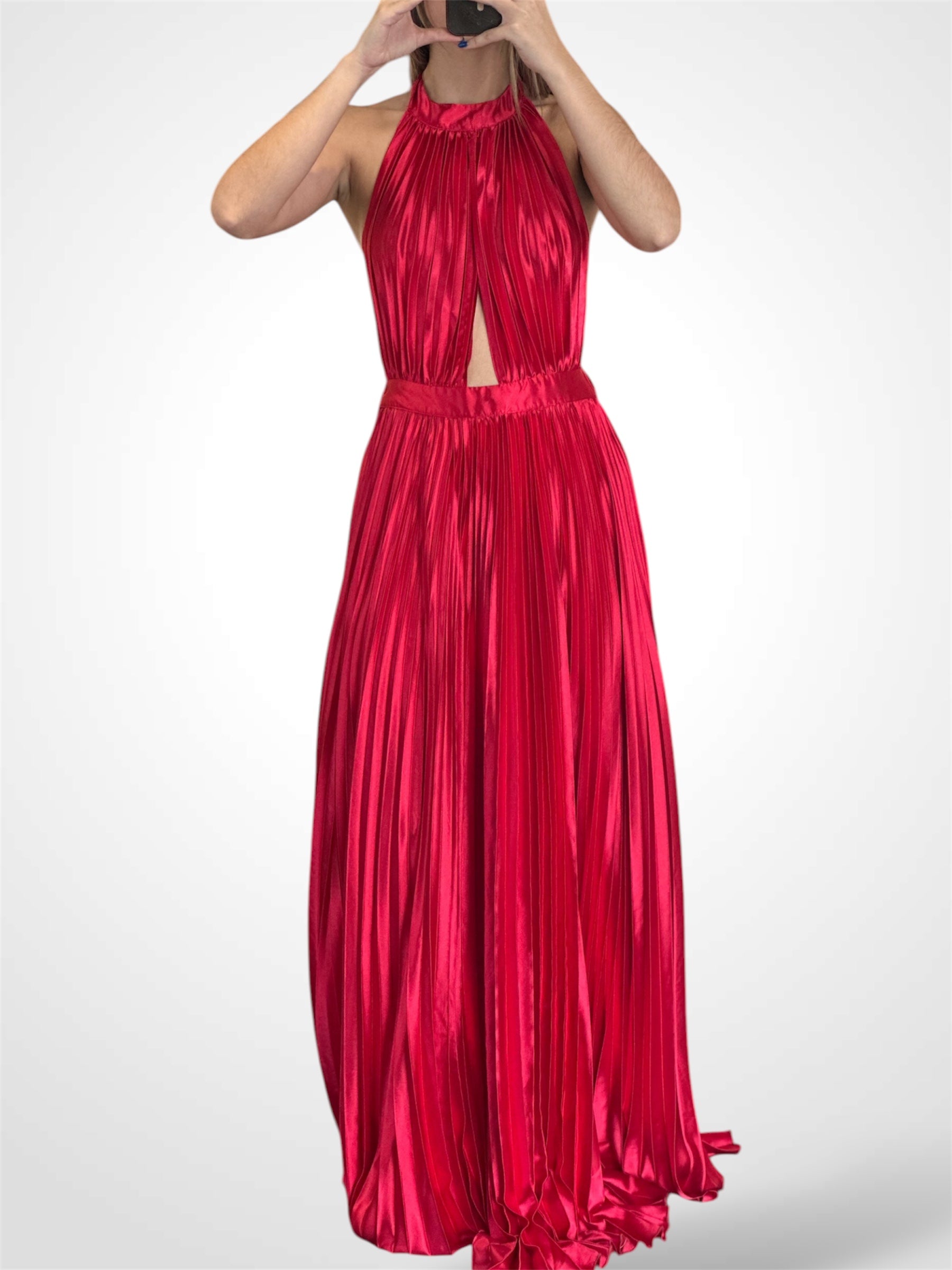 RED SATIN PLEATED HALTER DRESS•-1
