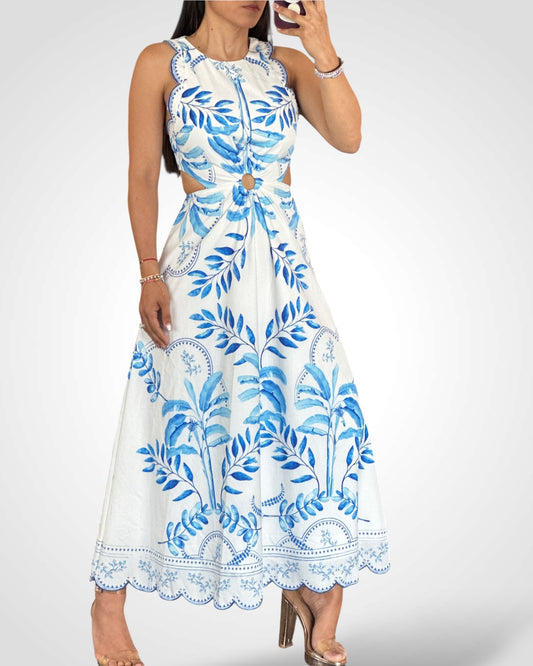 PRINTED SCALLOP HEM MIDI DRESS