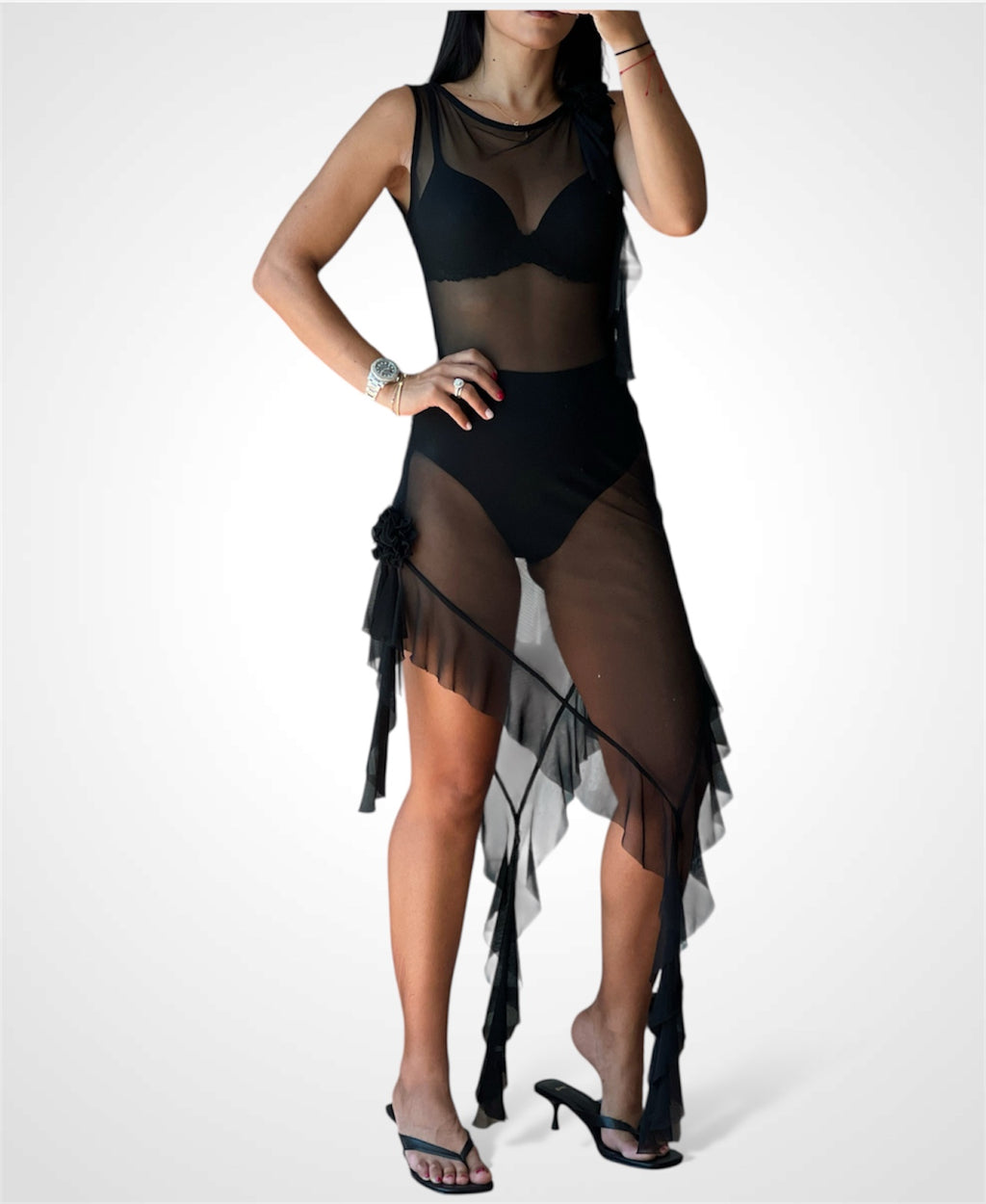 MESH ASYMMETRICAL DRESS WITH ROSETTE TRIM