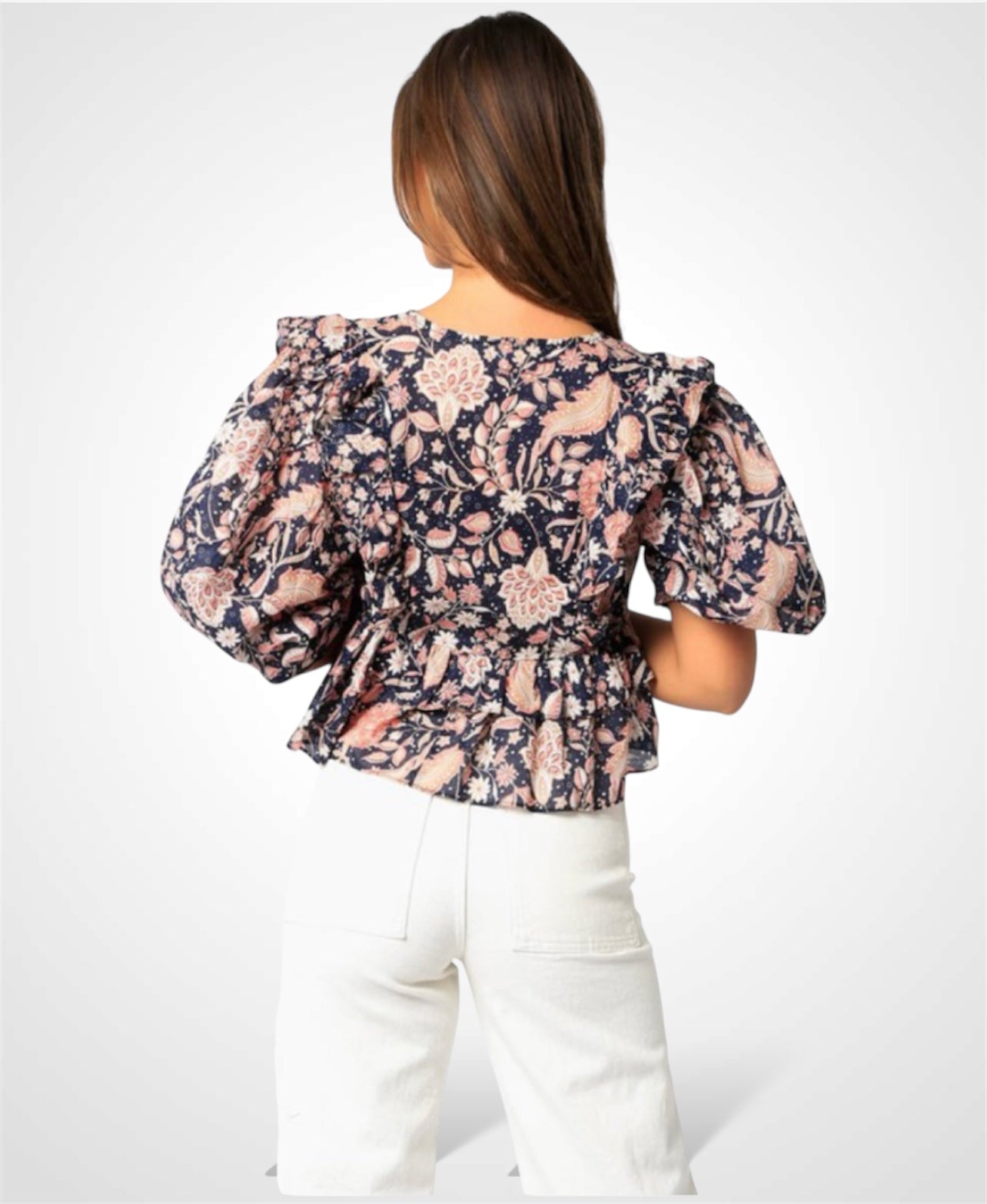 Navy Floral Ruffle Top