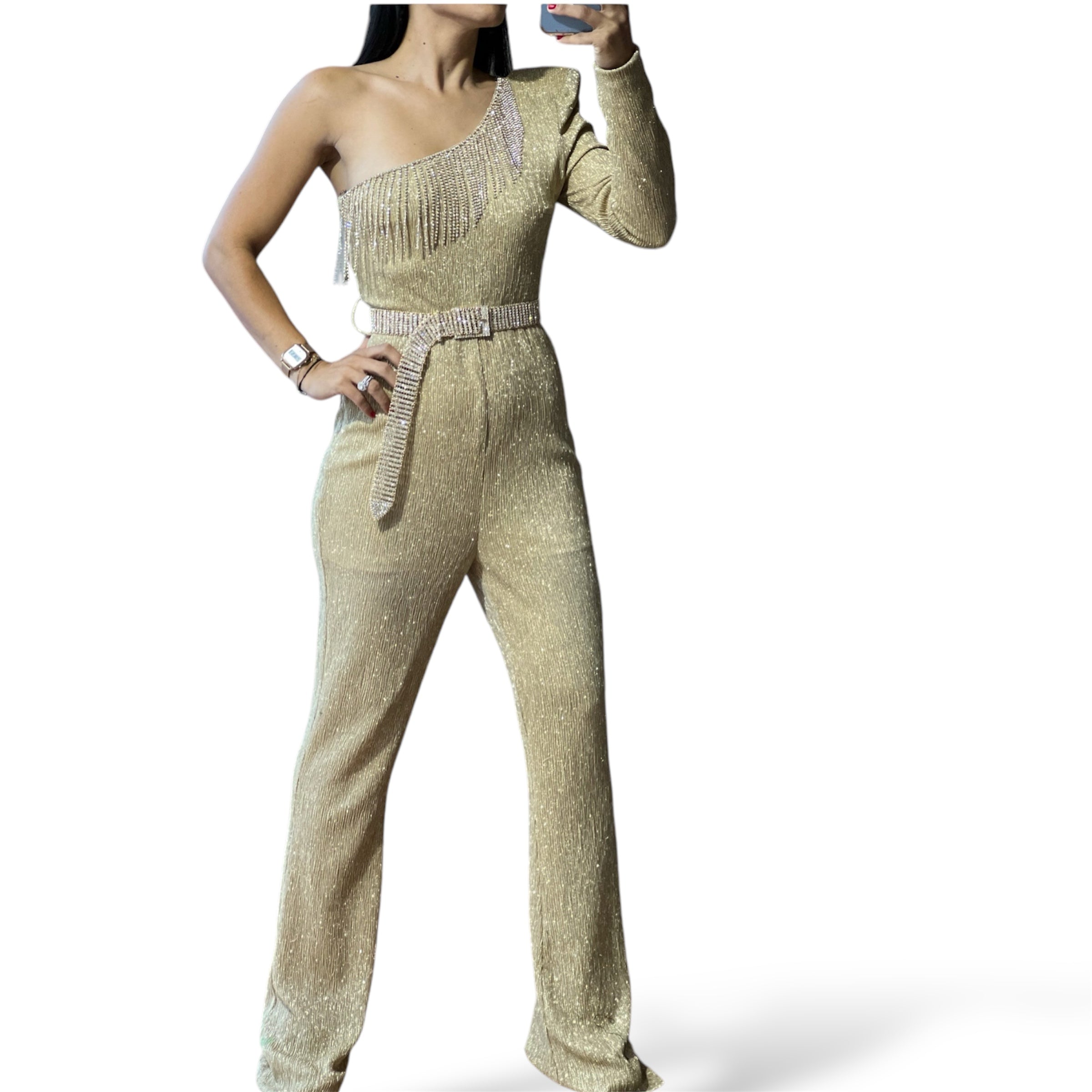 Metallic Rhinestone Gold Jumpsuit•