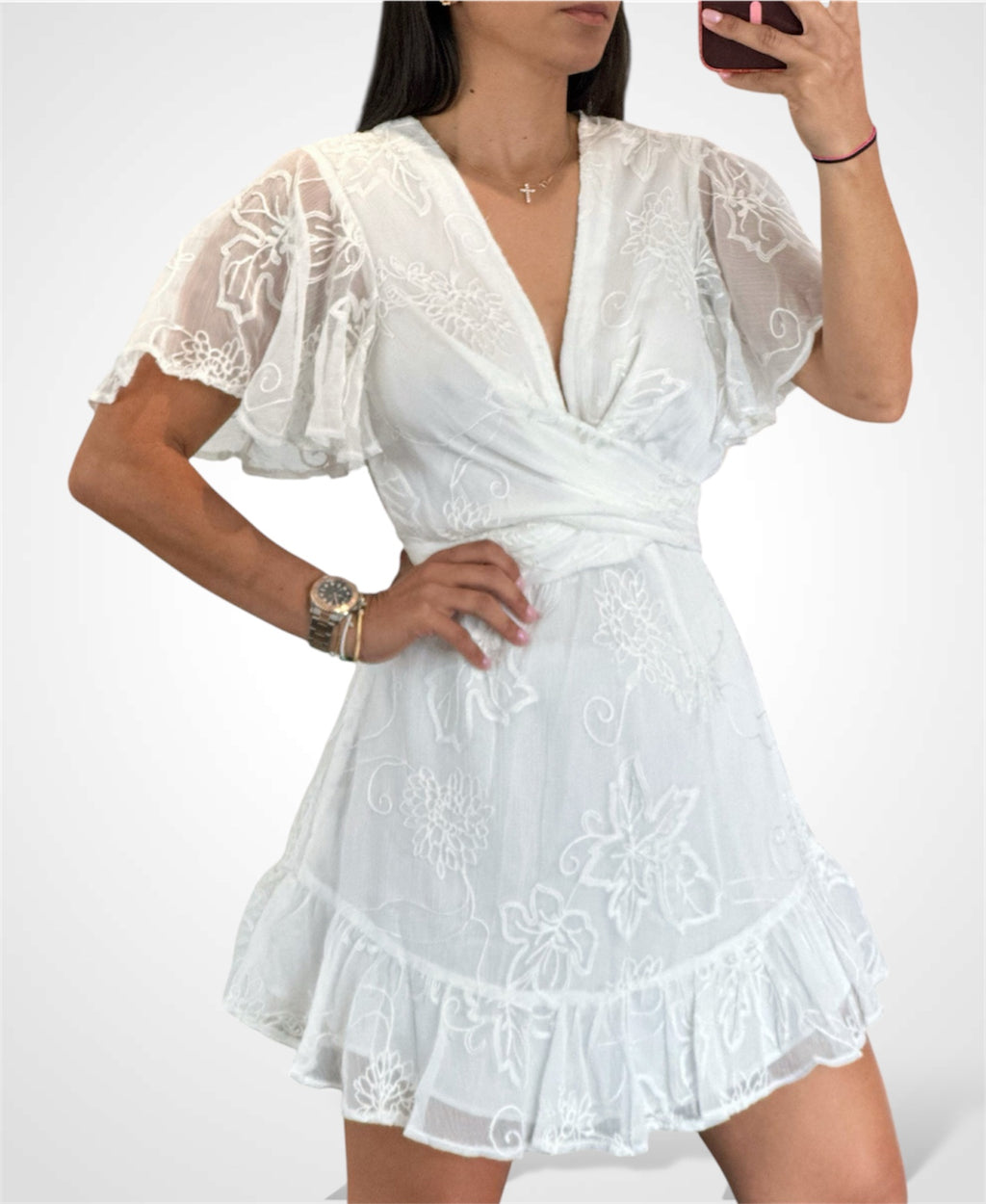 SHORT FLUTTER SLEEVE RUFFED MINI DRESS