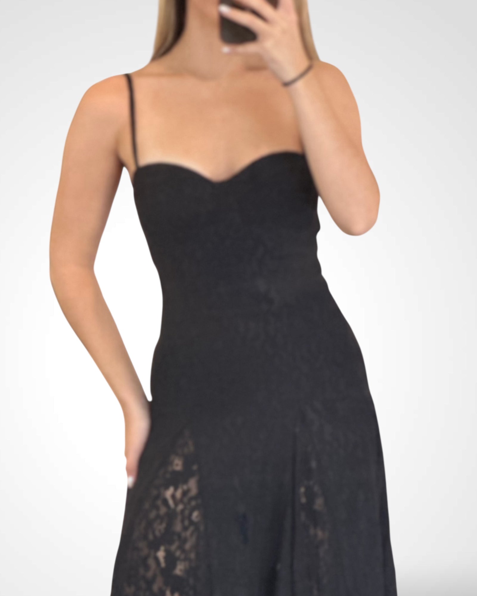 Black Floral Lace Godet Maxi Dress