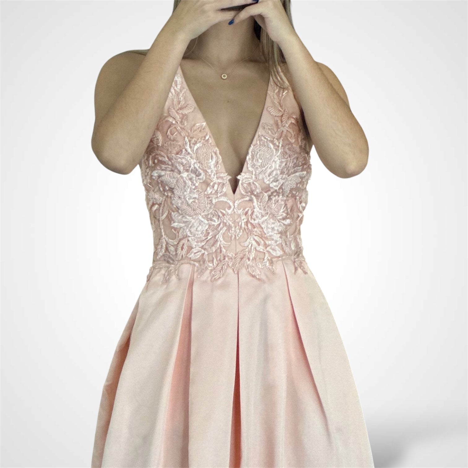 SLEEVELESS V-NECK OPEN BACK PLEATED GOWN DRESS•-2