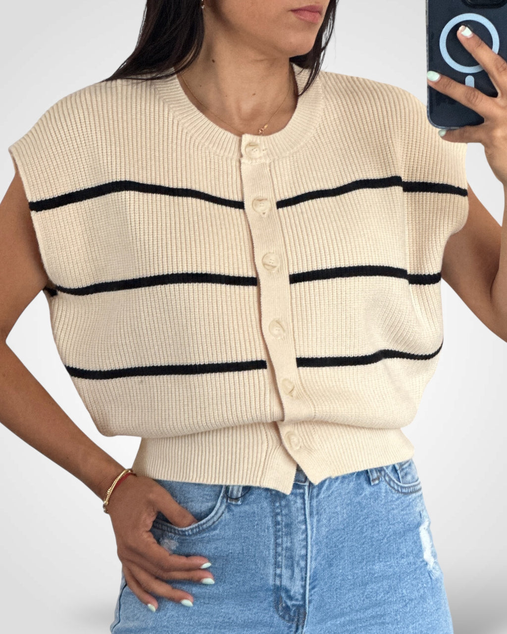 Cream Stripe Knit Vest