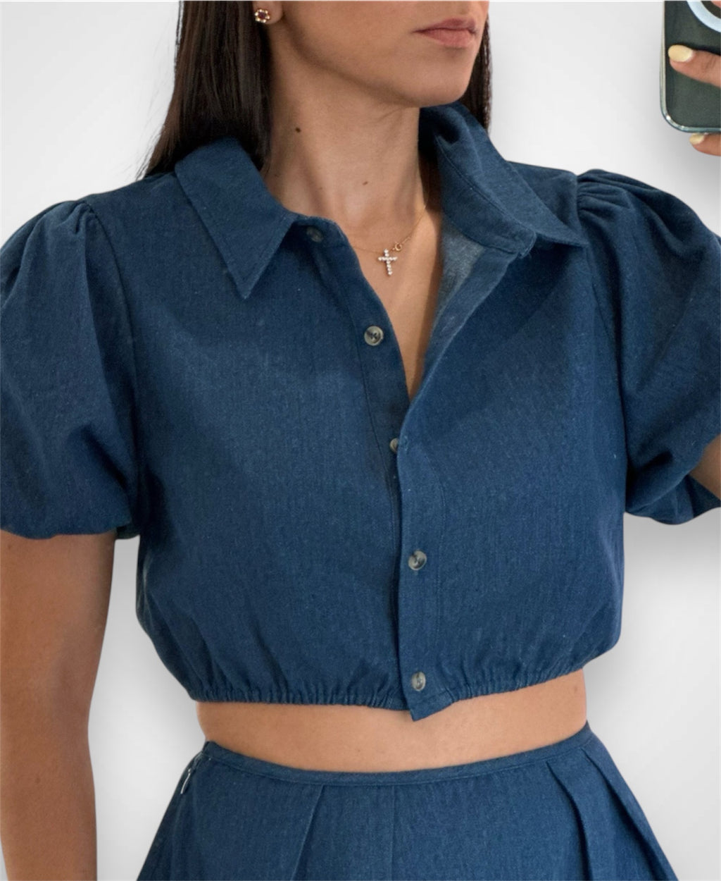 BUTTON DOWN DENIM TOP WITH PUFF SLEEVES