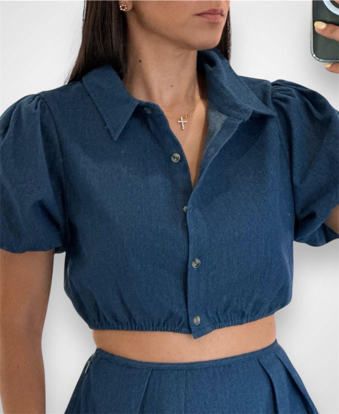 BUTTON DOWN DENIM TOP WITH PUFF SLEEVES