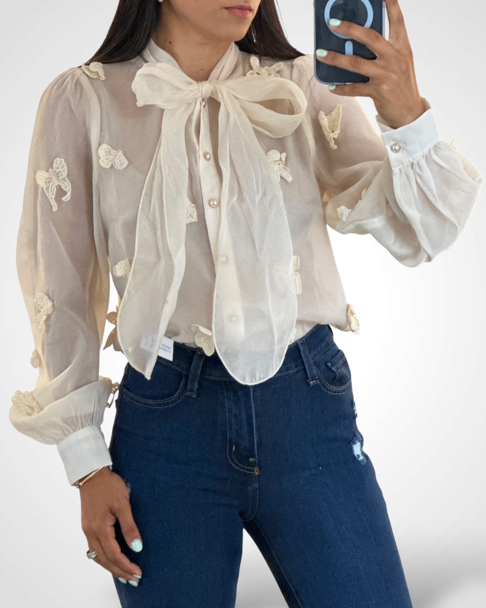 SHEER EMBROIDERED BUTTERFLY BOW TIE BLOUSE