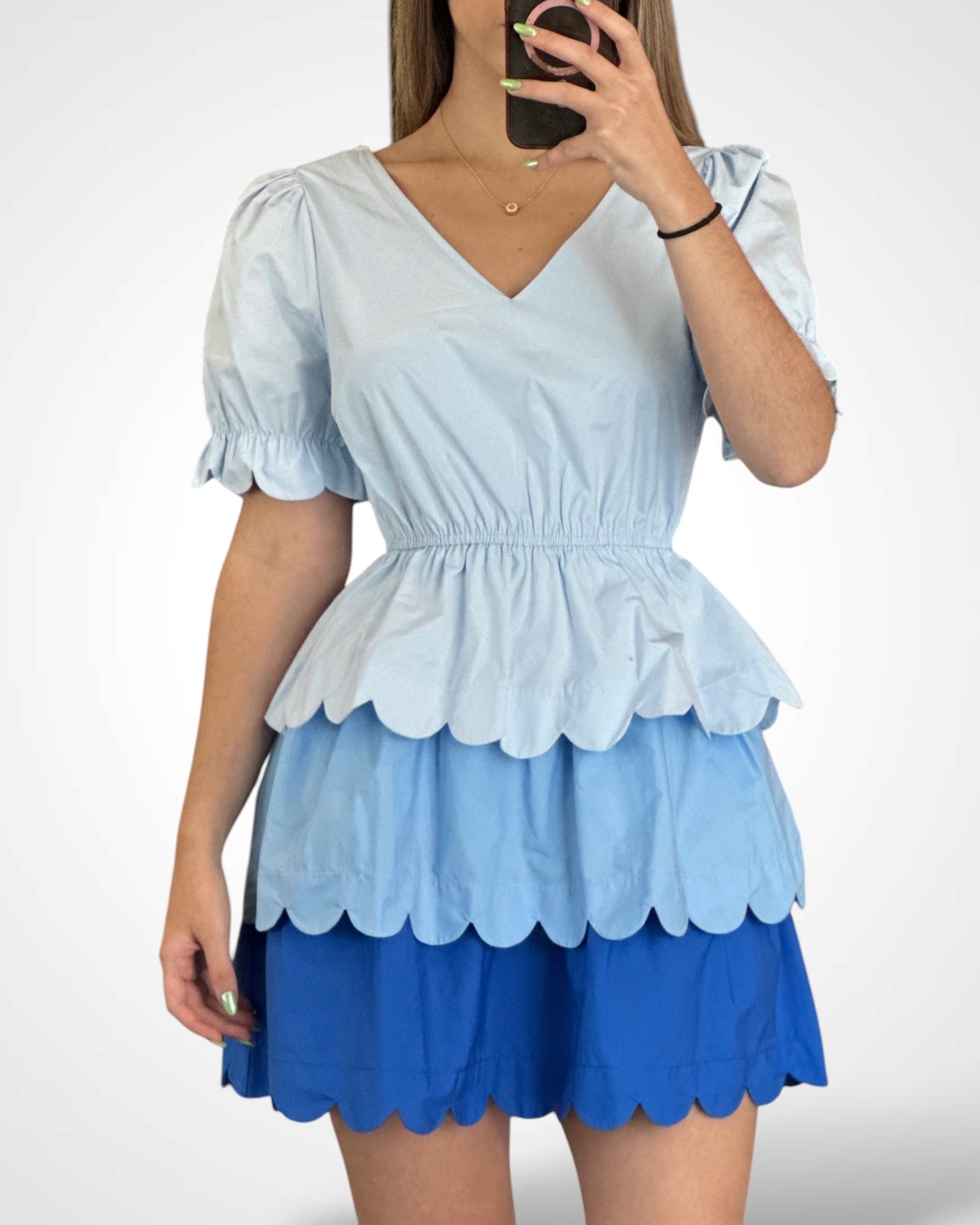 COLORBLOCK V NECK SCALLOPED FLARE MINI DRESS