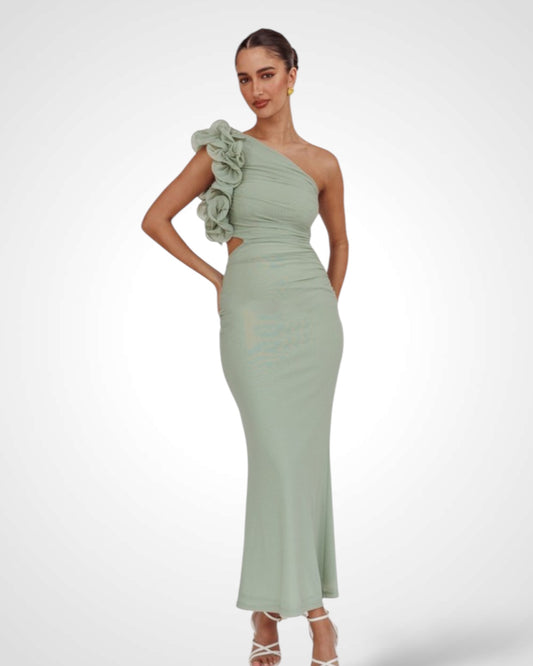 ONE SHOULDER MESH MAXI DRESS (Sage)