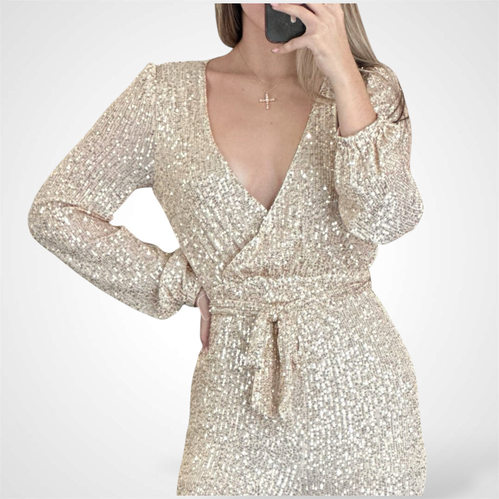 SELF TIE SURPLICE SEQUINS WIDE LEG JUMPSUIT