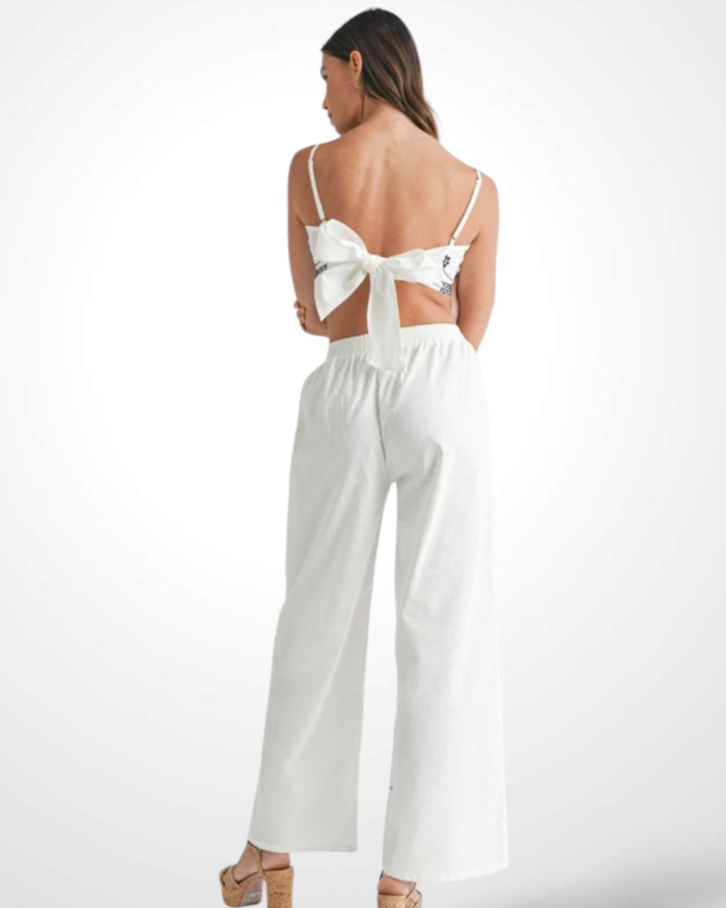 LINEN MIX EMBROIDERED SCARF TOP AND PANTS SET