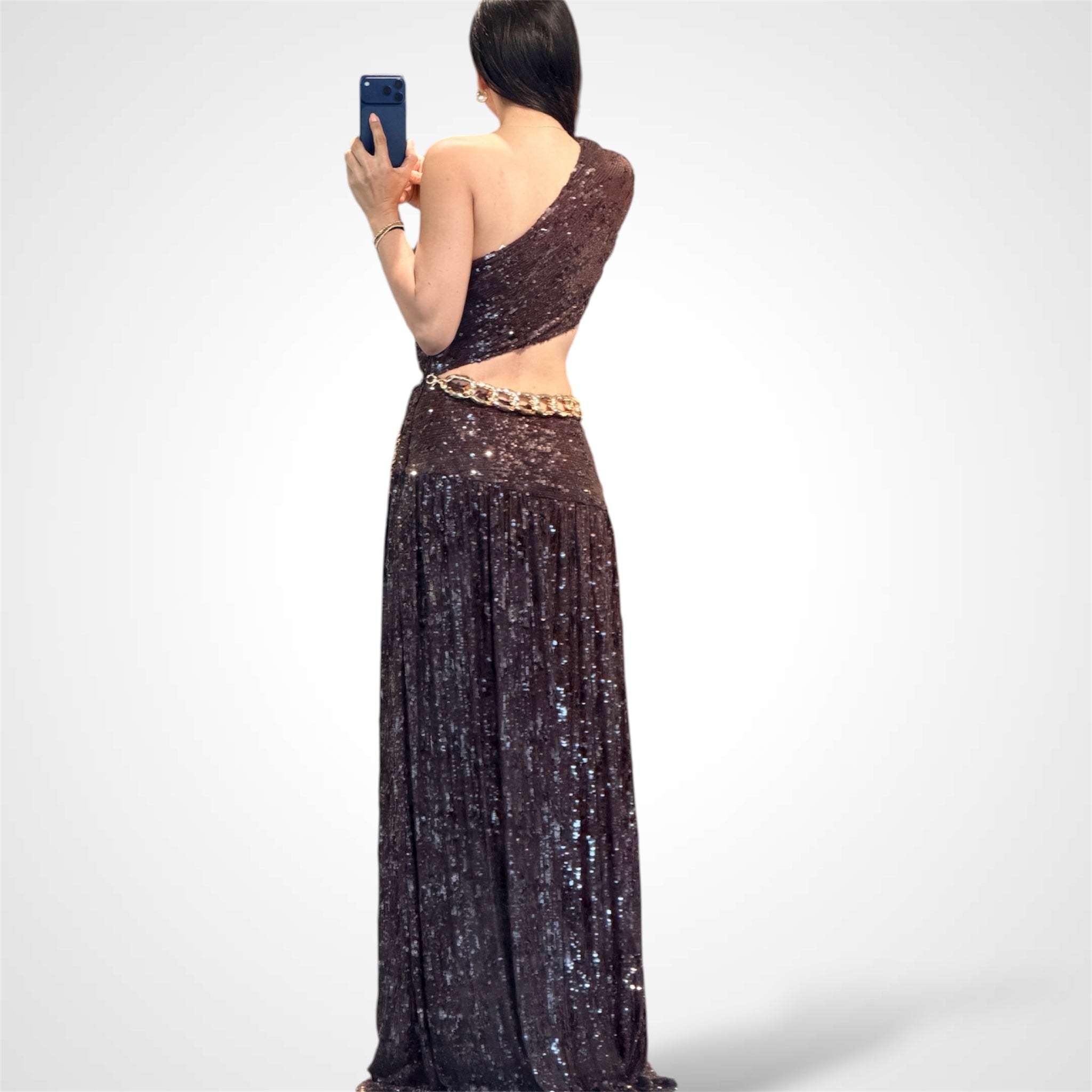 BROWN ONE SHOULDER CUTOUT MAXI DRESS•-3