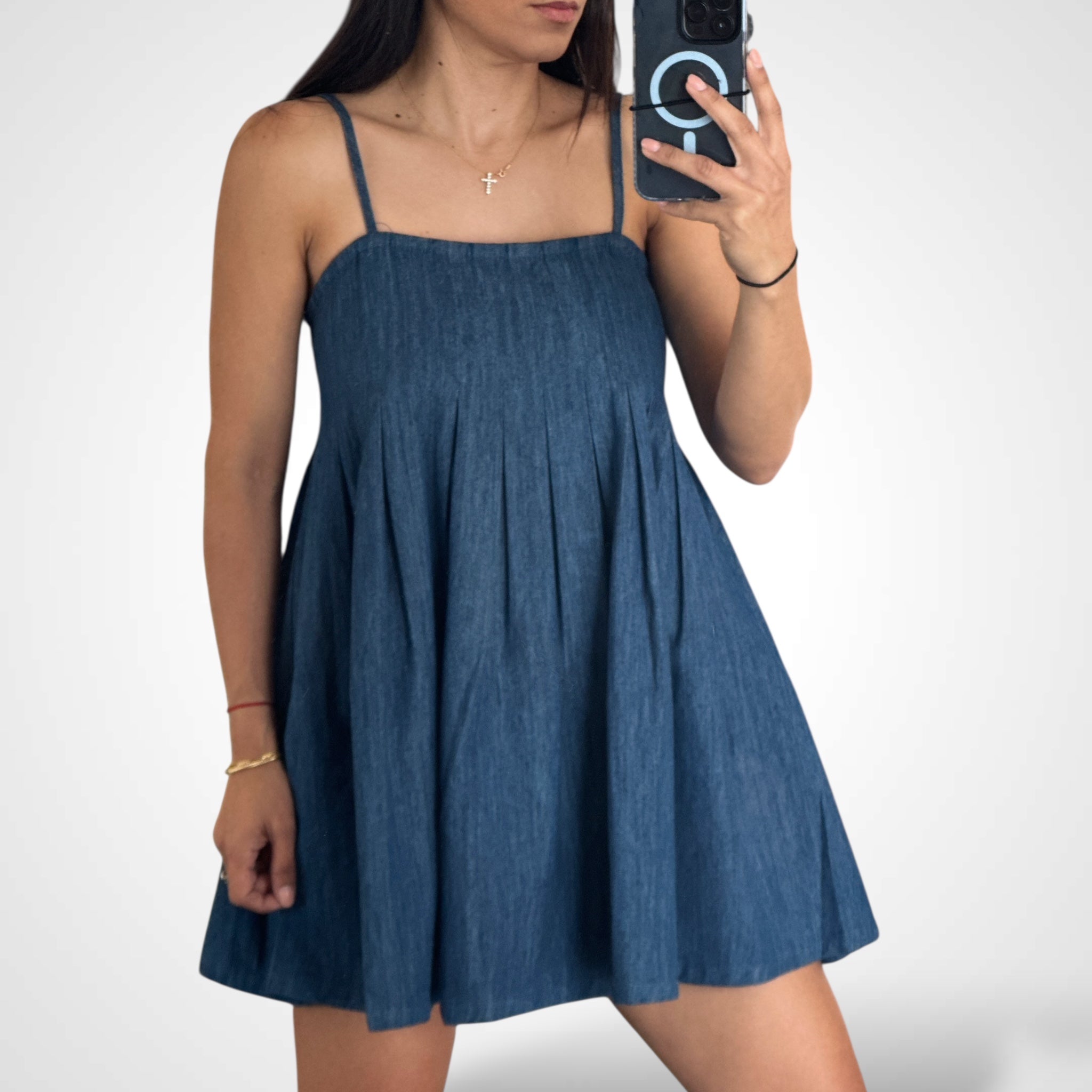 SJQ-Washed Denim Square Neck Casual Swing Mini Dress