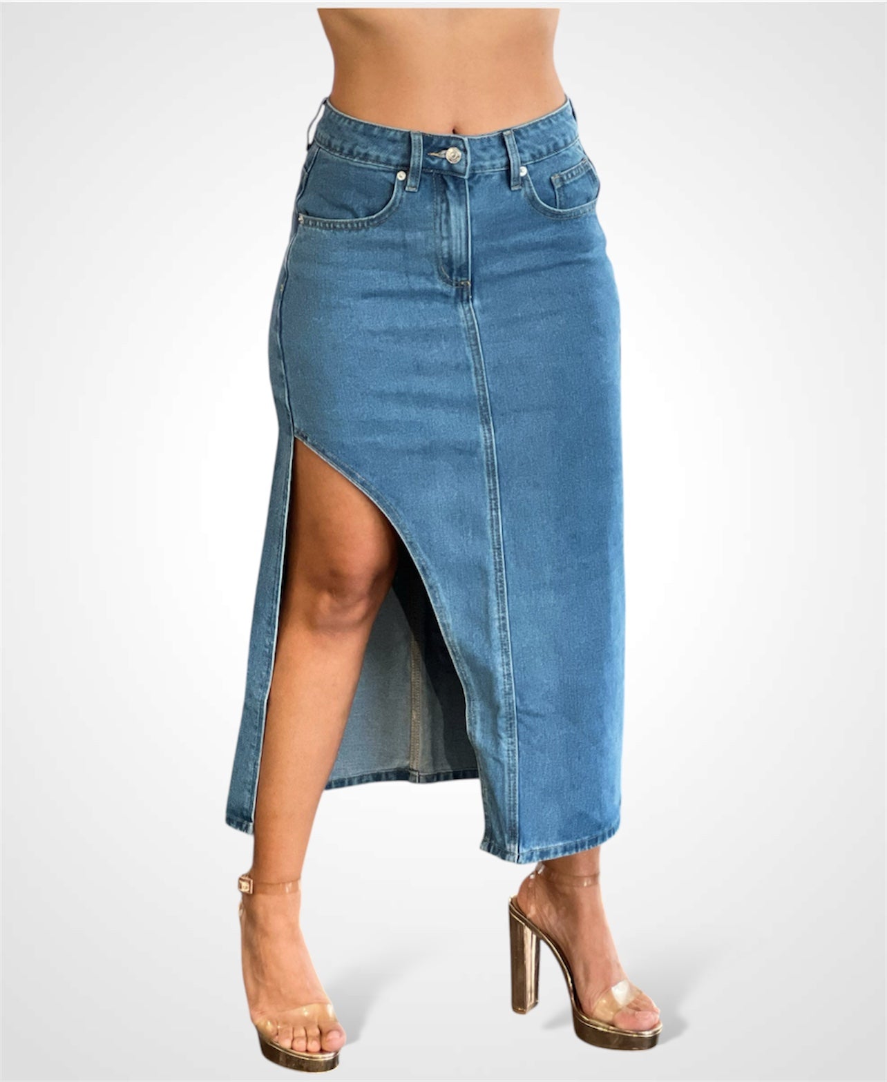 LONG DENIM SKIRT WITH OPE•