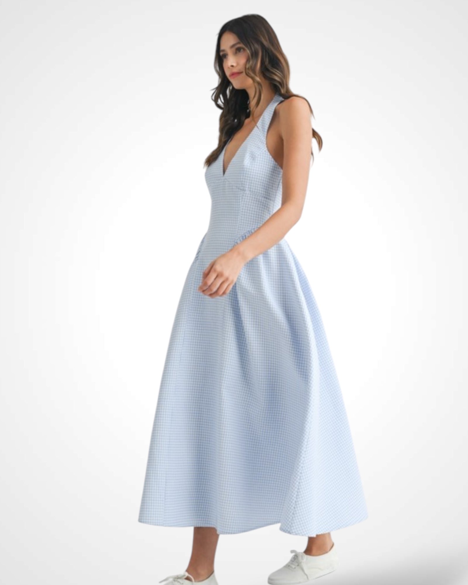 SJQ-GINGHAMN PLAID HALTER NECKLINE MIDI DRESS