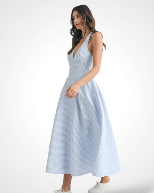 SJQ-GINGHAMN PLAID HALTER NECKLINE MIDI DRESS