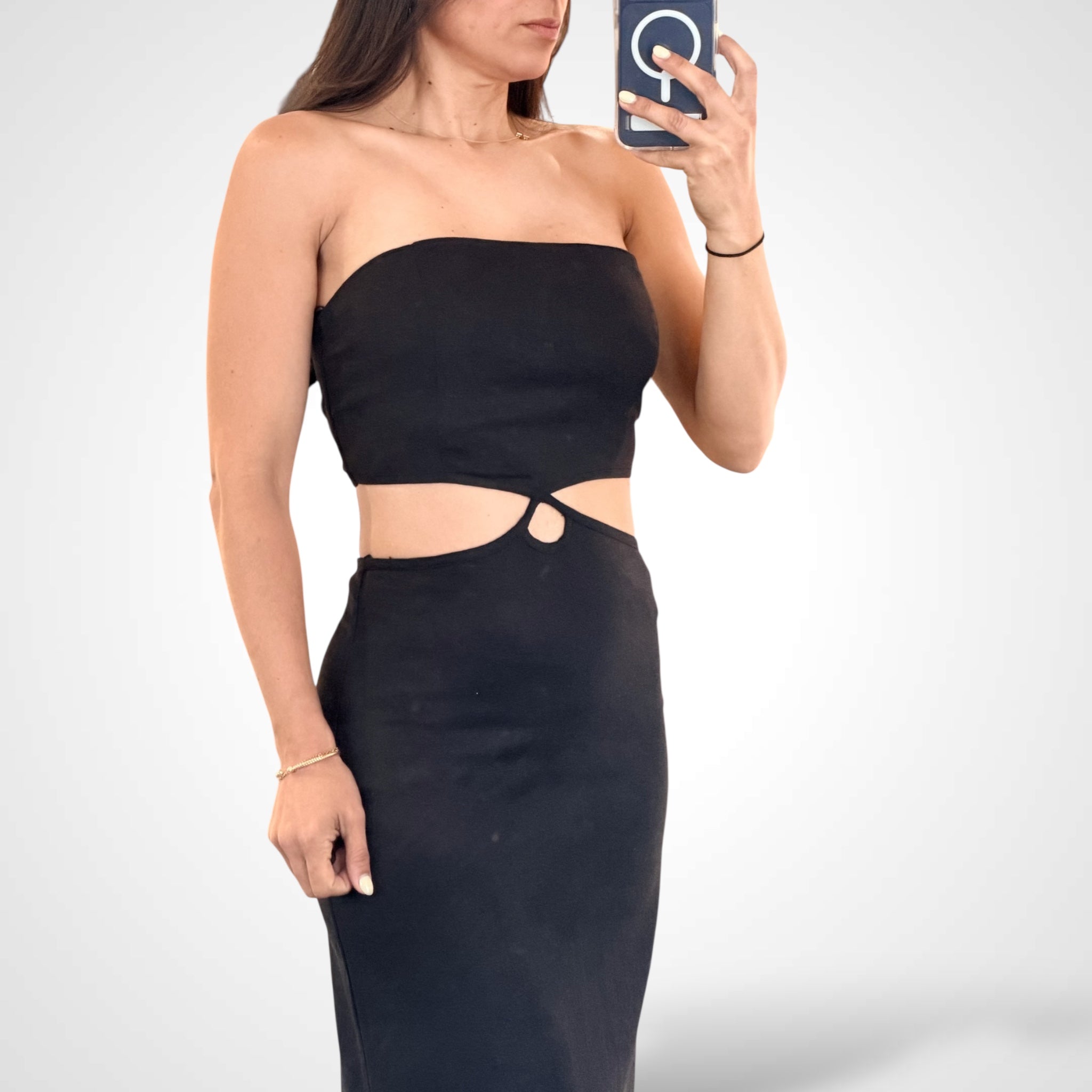 Black Linen Tube Cut-out Waist Pencil Midi Dress•-2