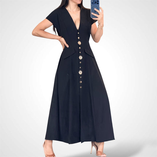 SJQ-GOLD BUTTONS BLACK LONG DRESS