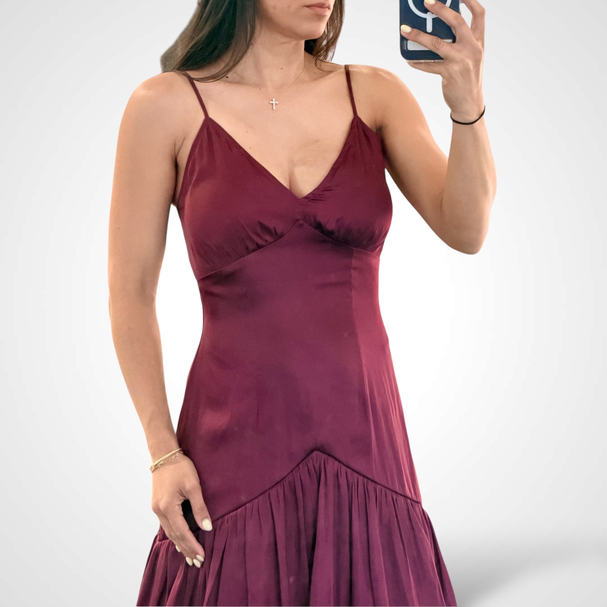 Burgundy Adjustable Spaghetti Strap Ruffle Tiered Dress•-2