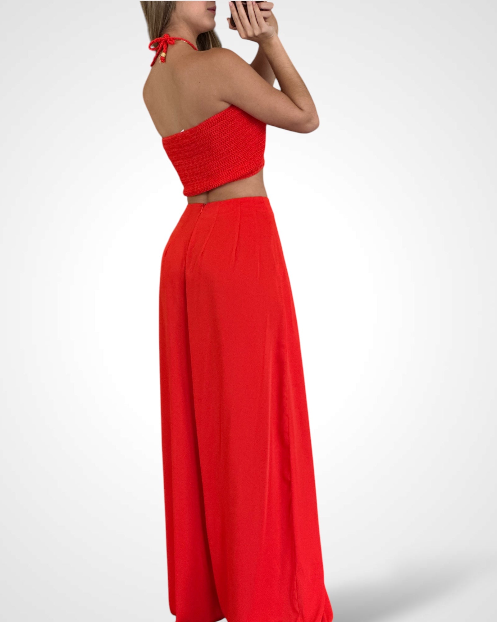 SJQ - 2PC HALTER NECK TOP PRINTED WIDE LEG PANTS