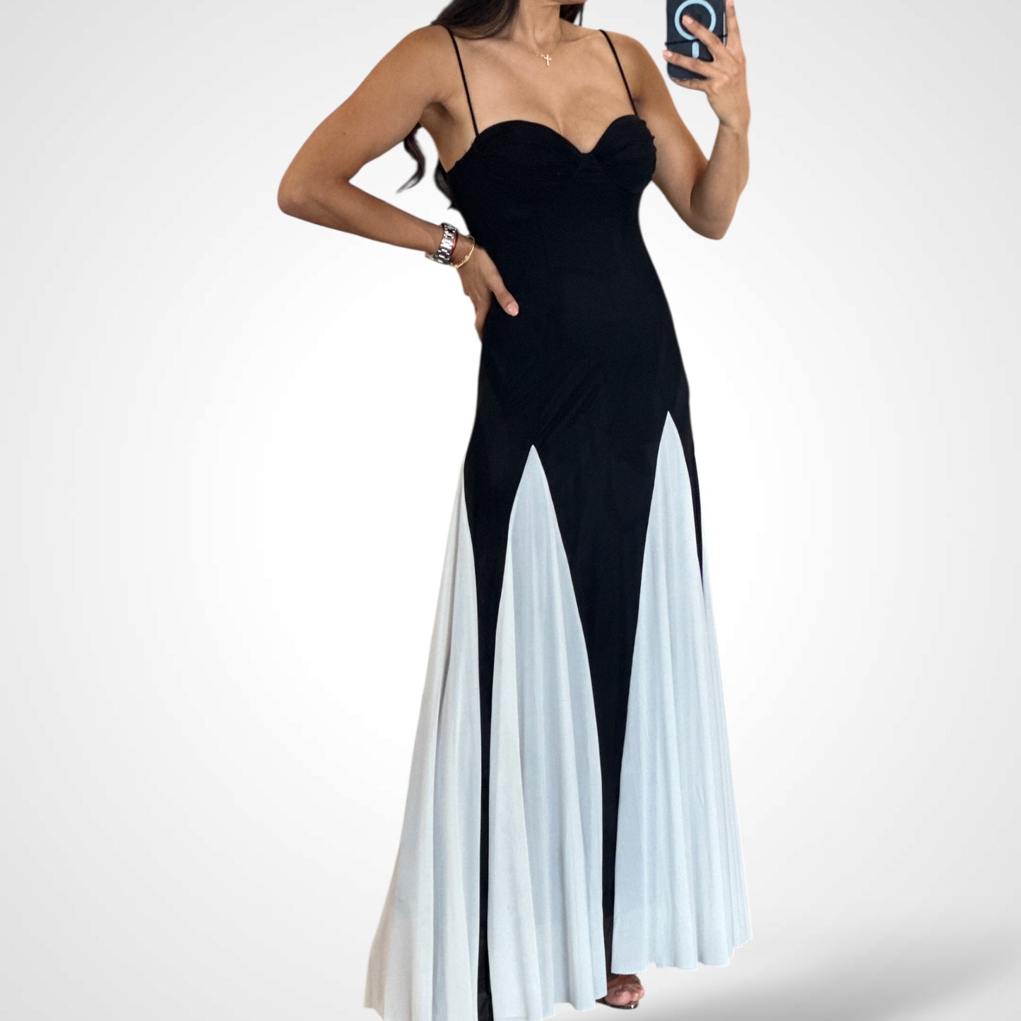 MESH CONTRAST COLOR MAXI DRESS