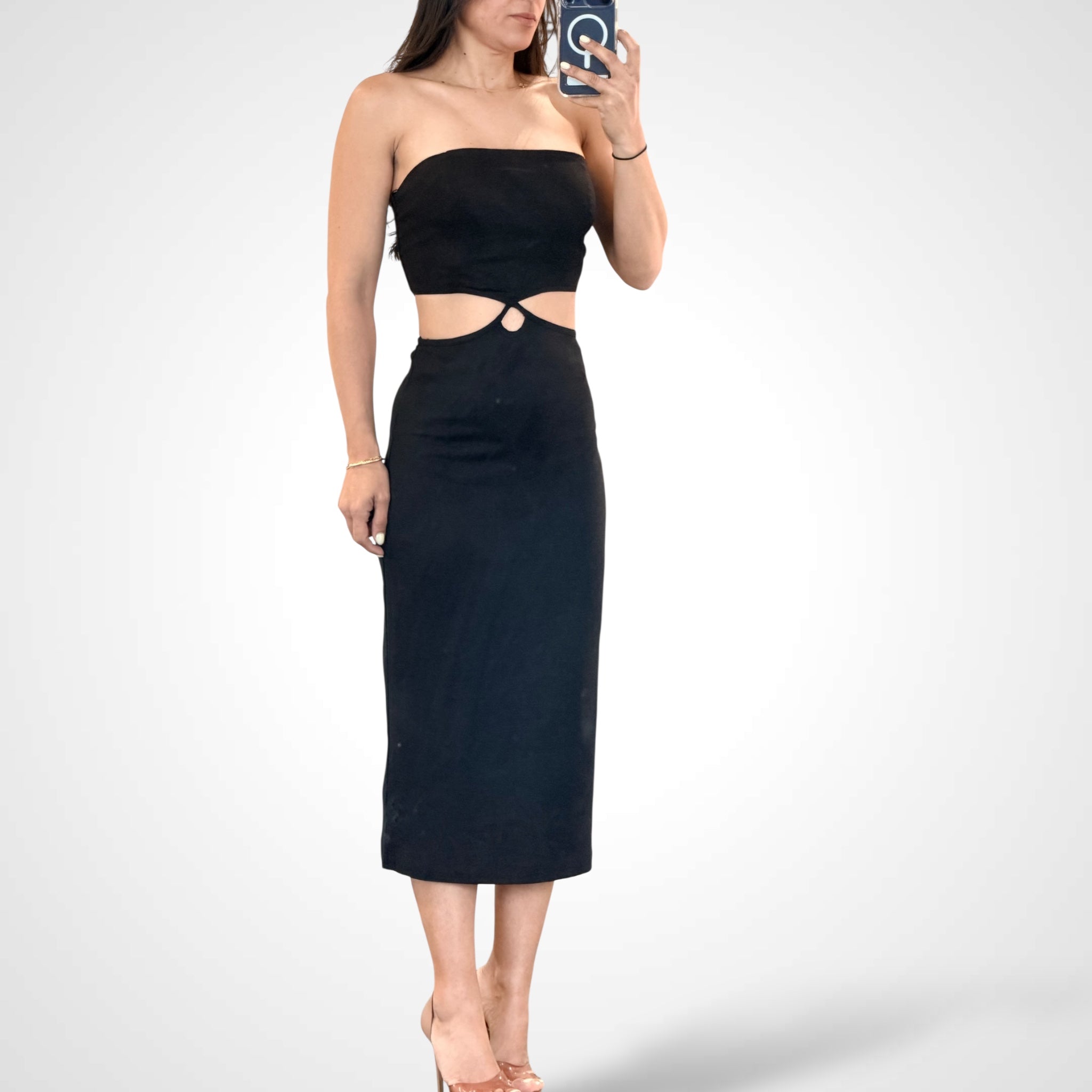 Black Linen Tube Cut-out Waist Pencil Midi Dress•-1