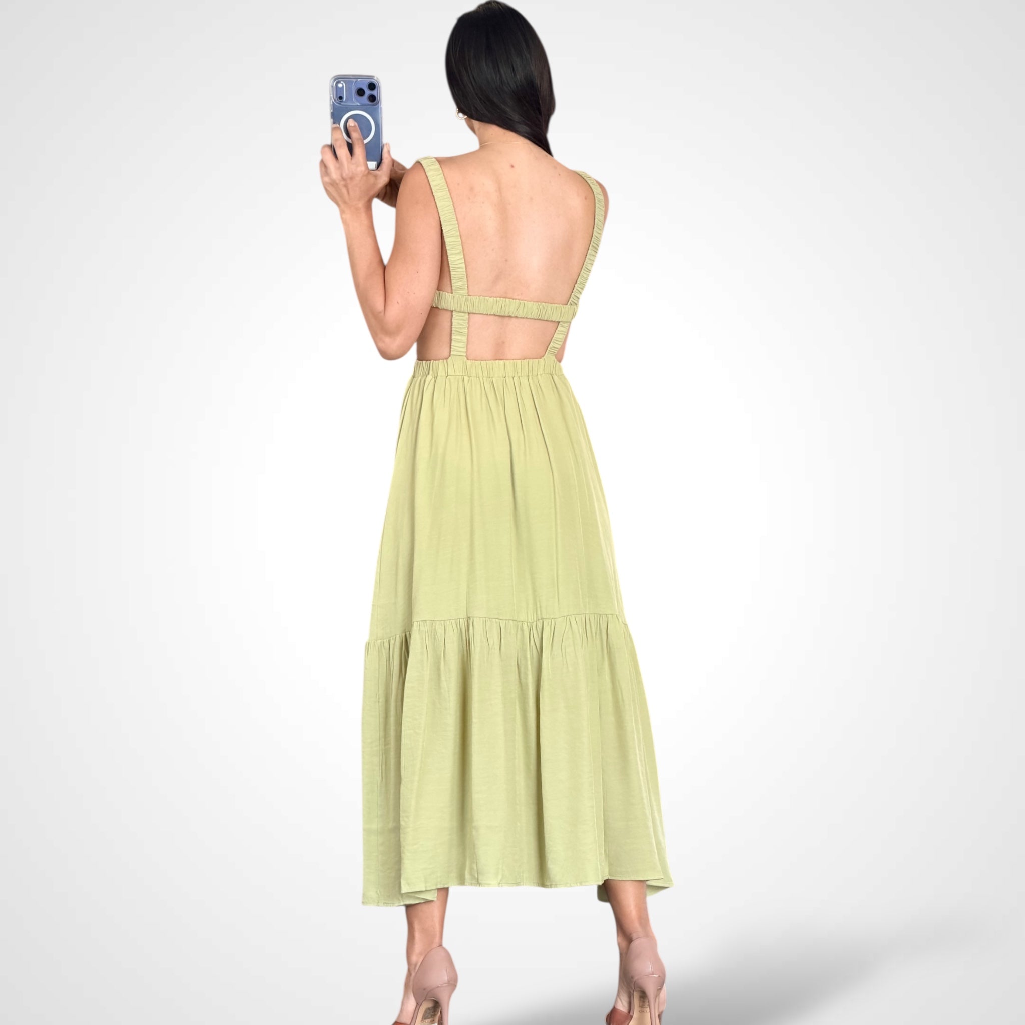 Sage Cut-out Waist Open Back Ruffled Maxi Dress•-3