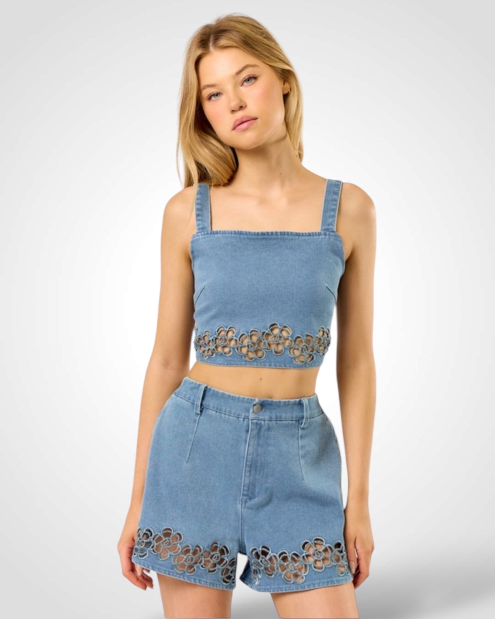 SJQ-Embroidered Denim Crop Top W/ Matching Shorts